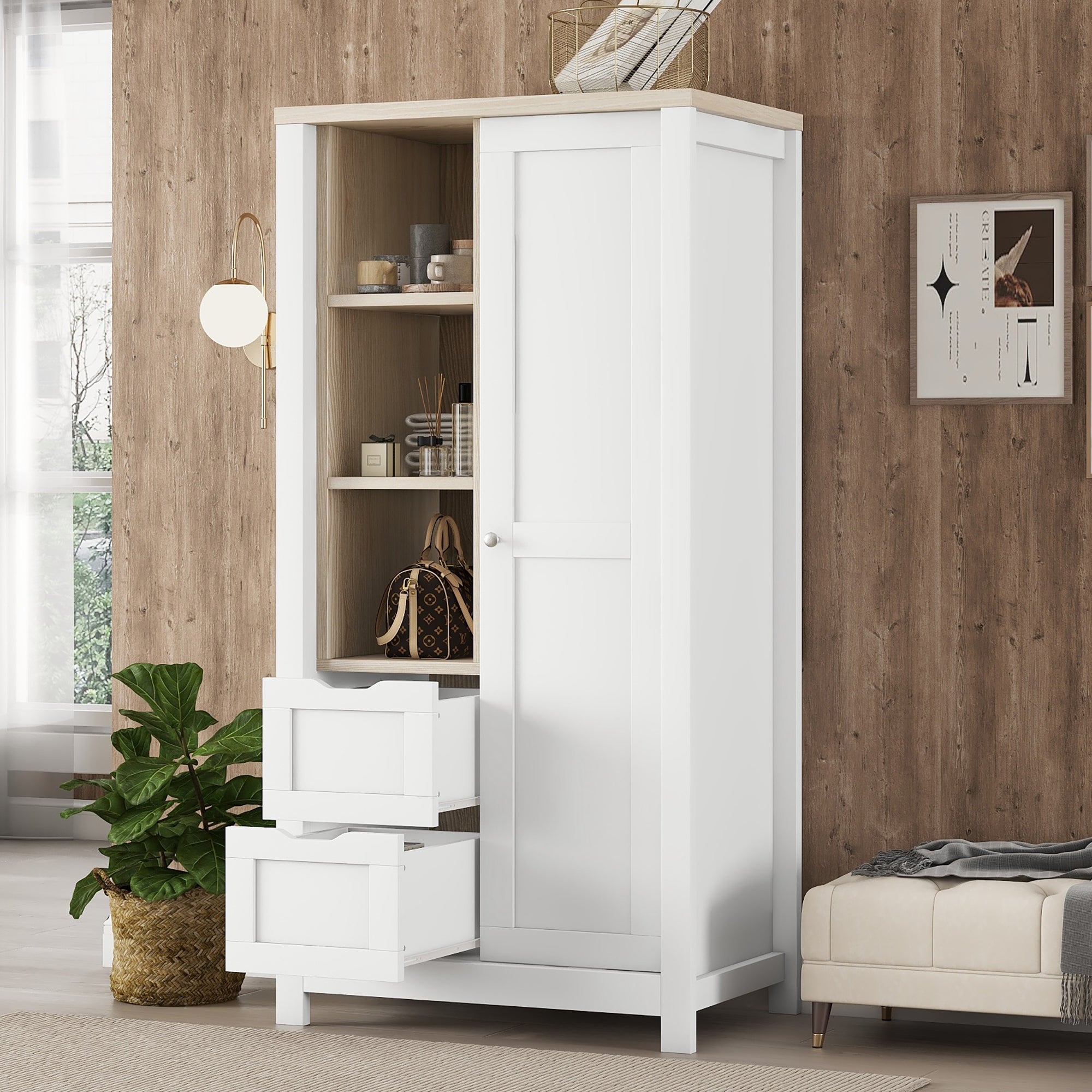 Bedroom Storage Wardrobe with Hanging Rods and 2 Drawers and Open Shelves, Sliding Door, White