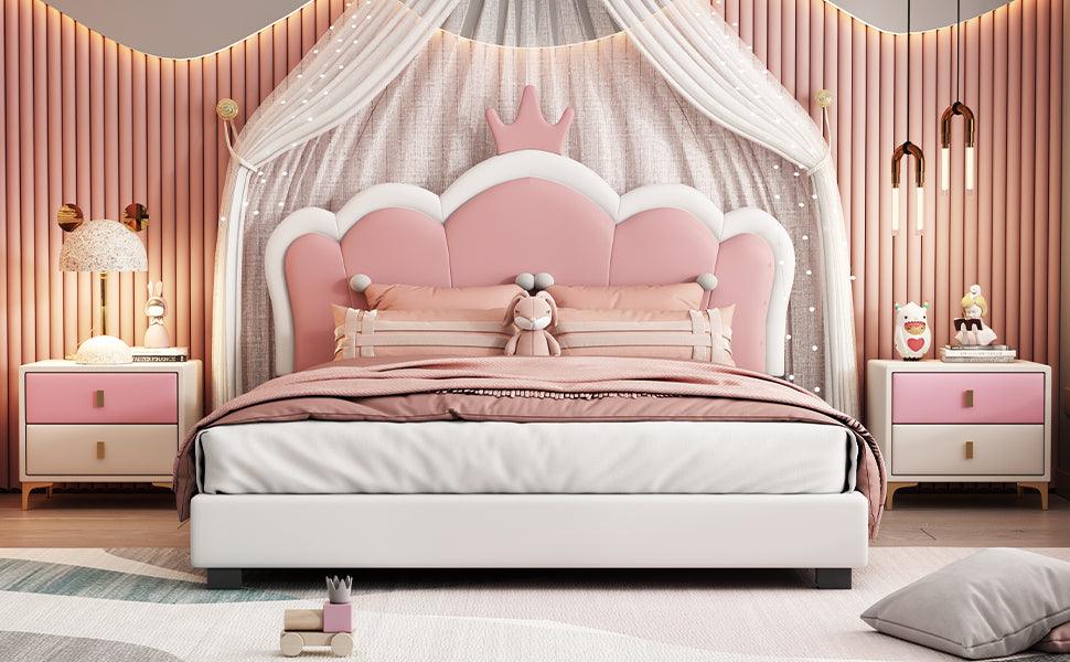 Full size Upholstered Princess Bed With Crown Headboard, Full Size Platform Bed with Headboard and Footboard, White+Pink