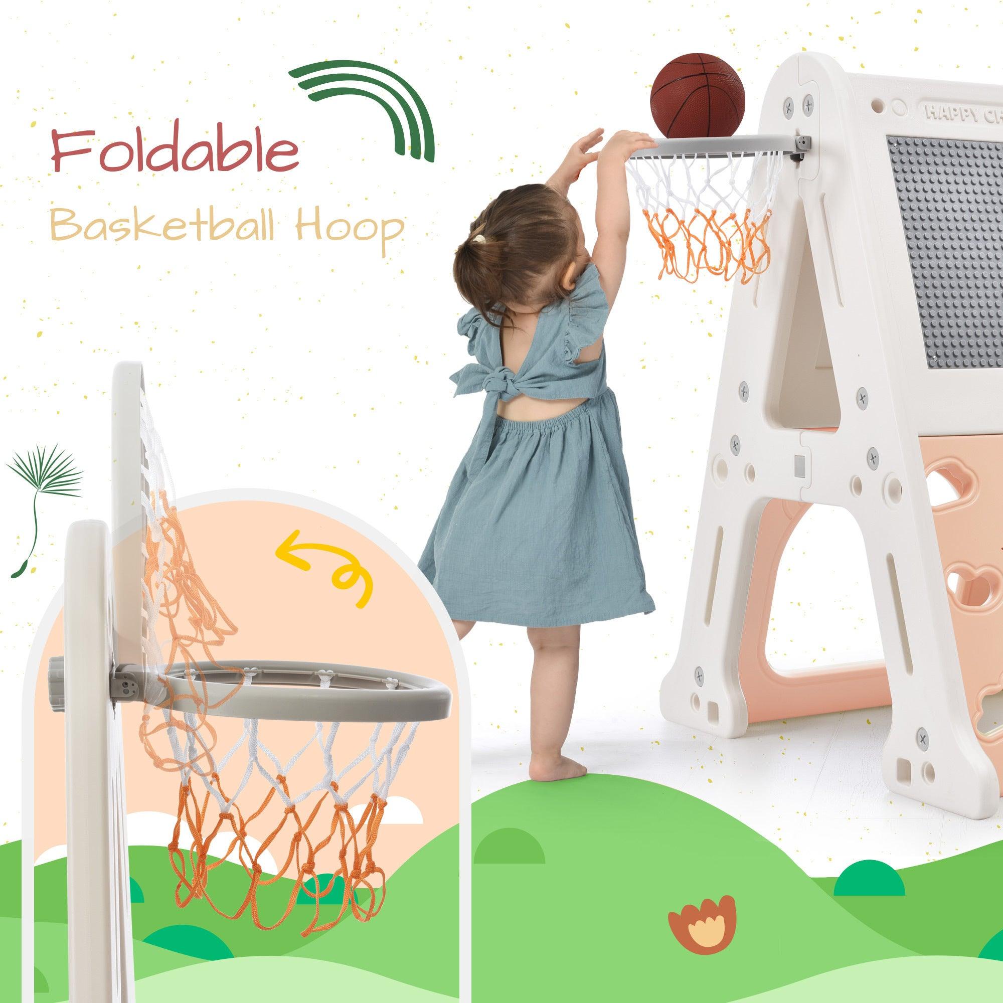 🆓🚛 5-in-1 Toddler Climber Basketball Hoop Set Kids Playground Playset With Tunnel, Climber, Whiteboard, Toy Building Block Baseplates for Babies, Light Pink