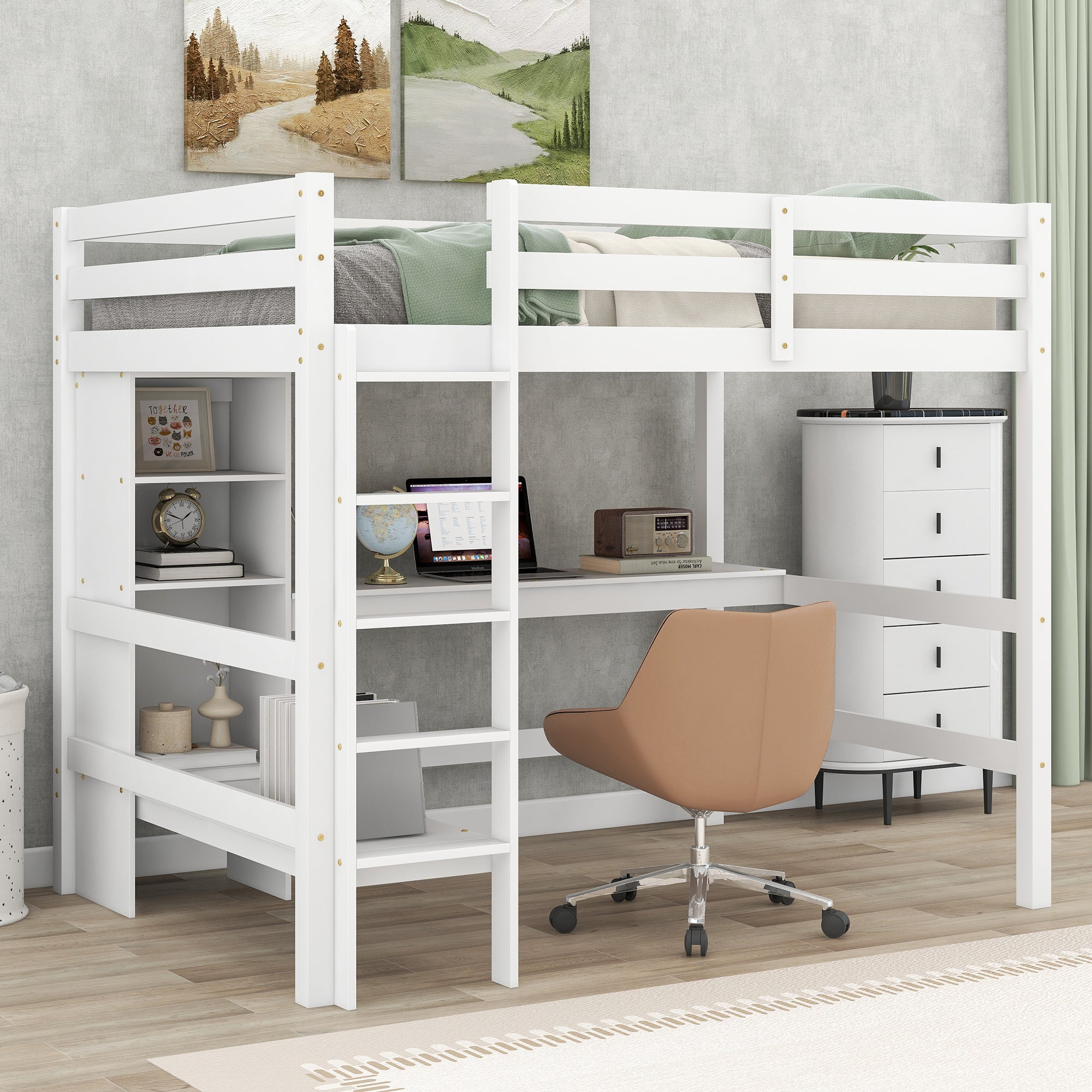 🆓🚛 Full Size Loft Bed With Multifunction Shelves and Under-Bed Desk, White