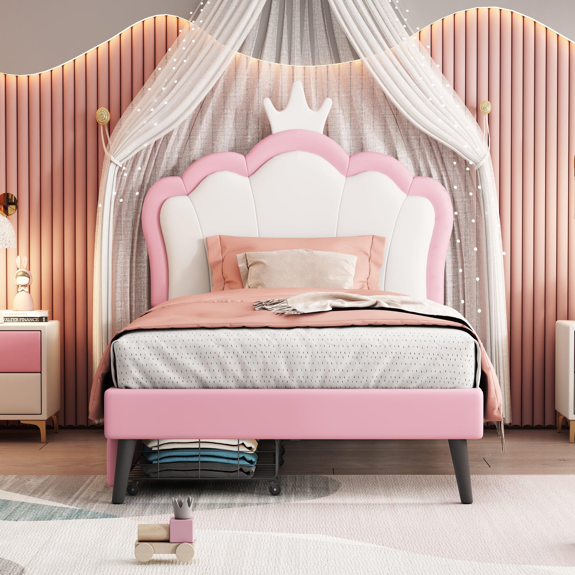 🆓🚛 Twin Size Upholstered Princess Bed With Crown Headboard & 2 Drawers, Twin Size Platform Bed With Headboard & Footboard, White & Pink