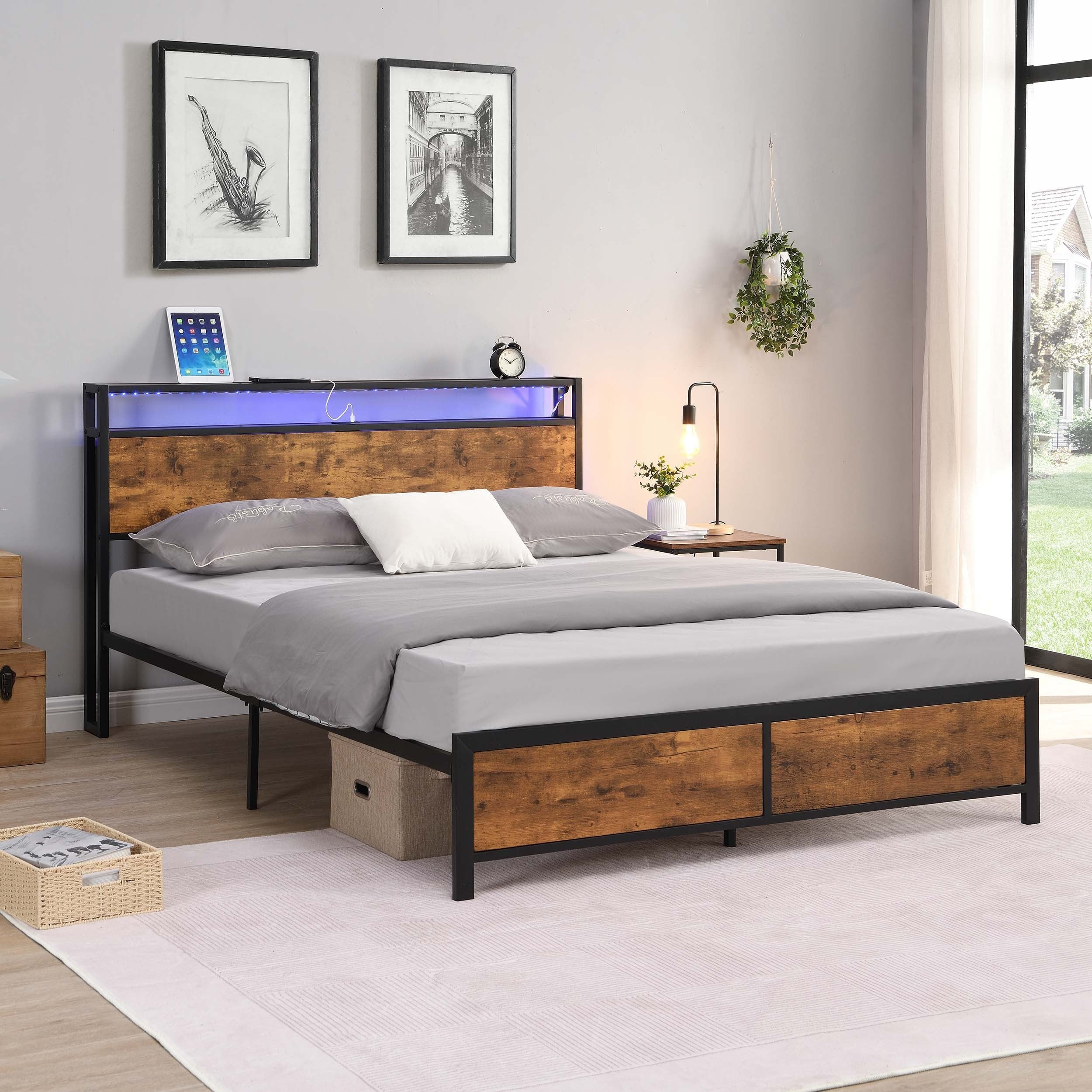 🆓🚛 Queen Bed Frame with LED Lights and 2 USB Ports & Storage, Rustic Brown