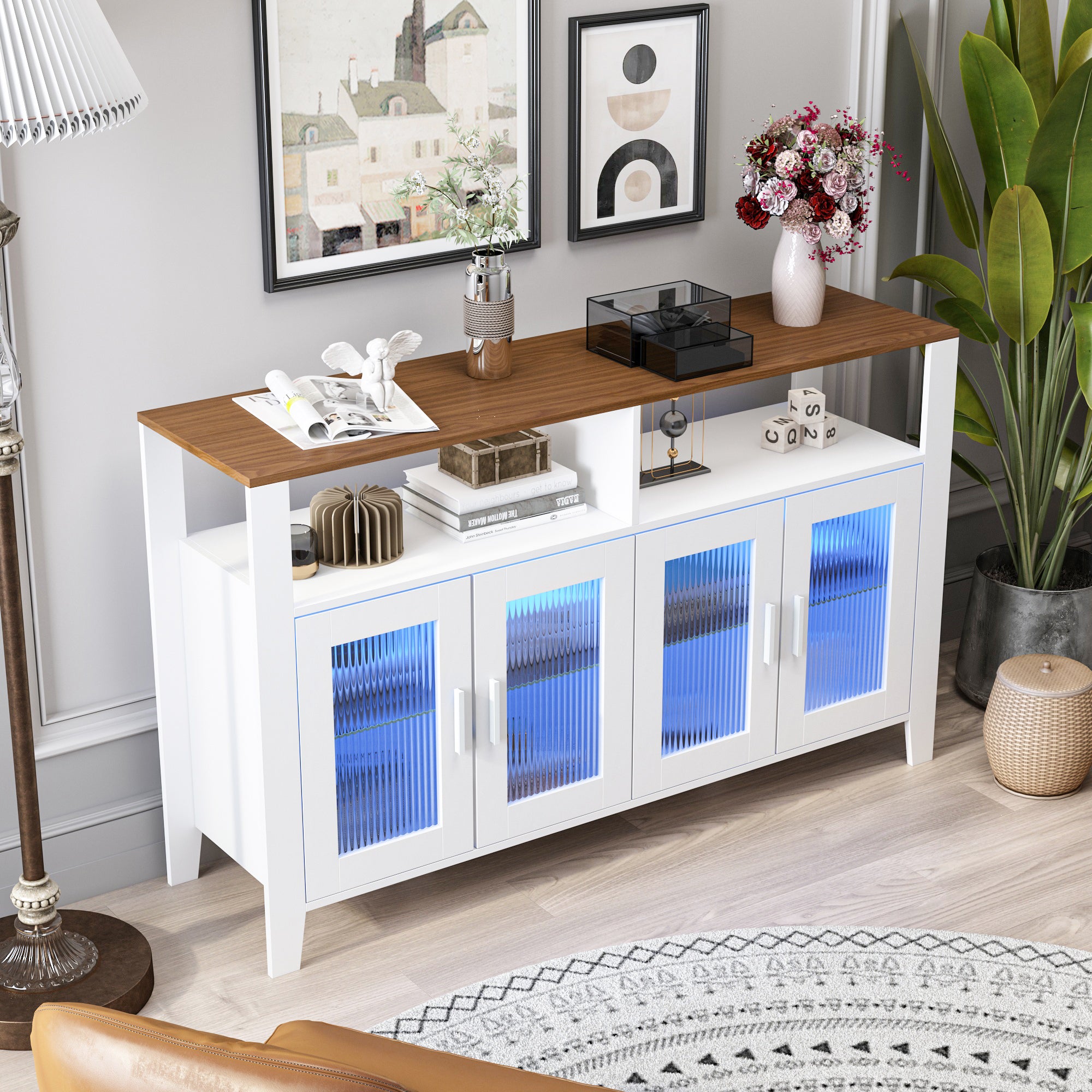 Buffet Sideboard, Storage Cabinet, Glass Door, for Dining Room& Living Room, White