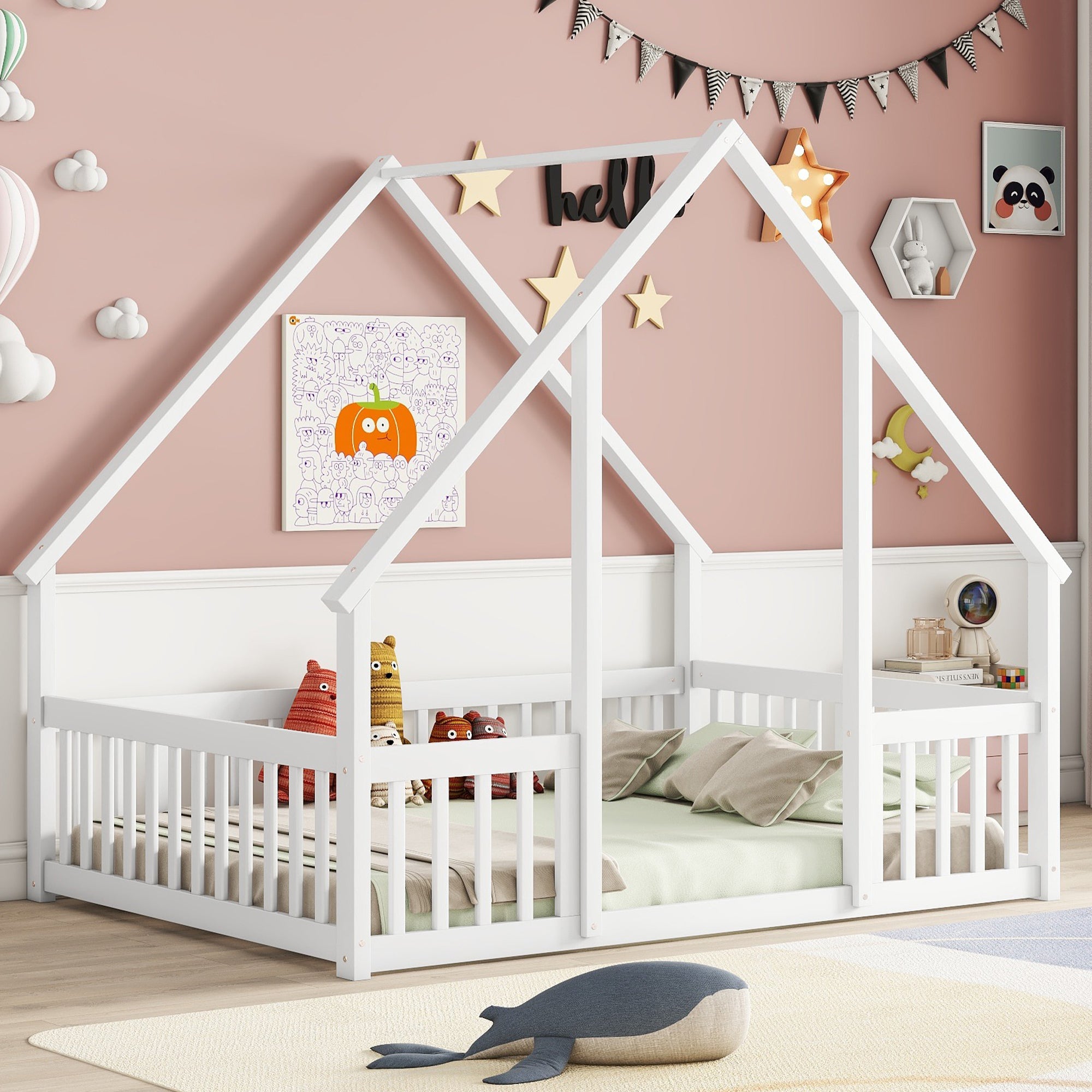 Full Wood House-Shaped Floor Bed with Fence, Guardrails, White