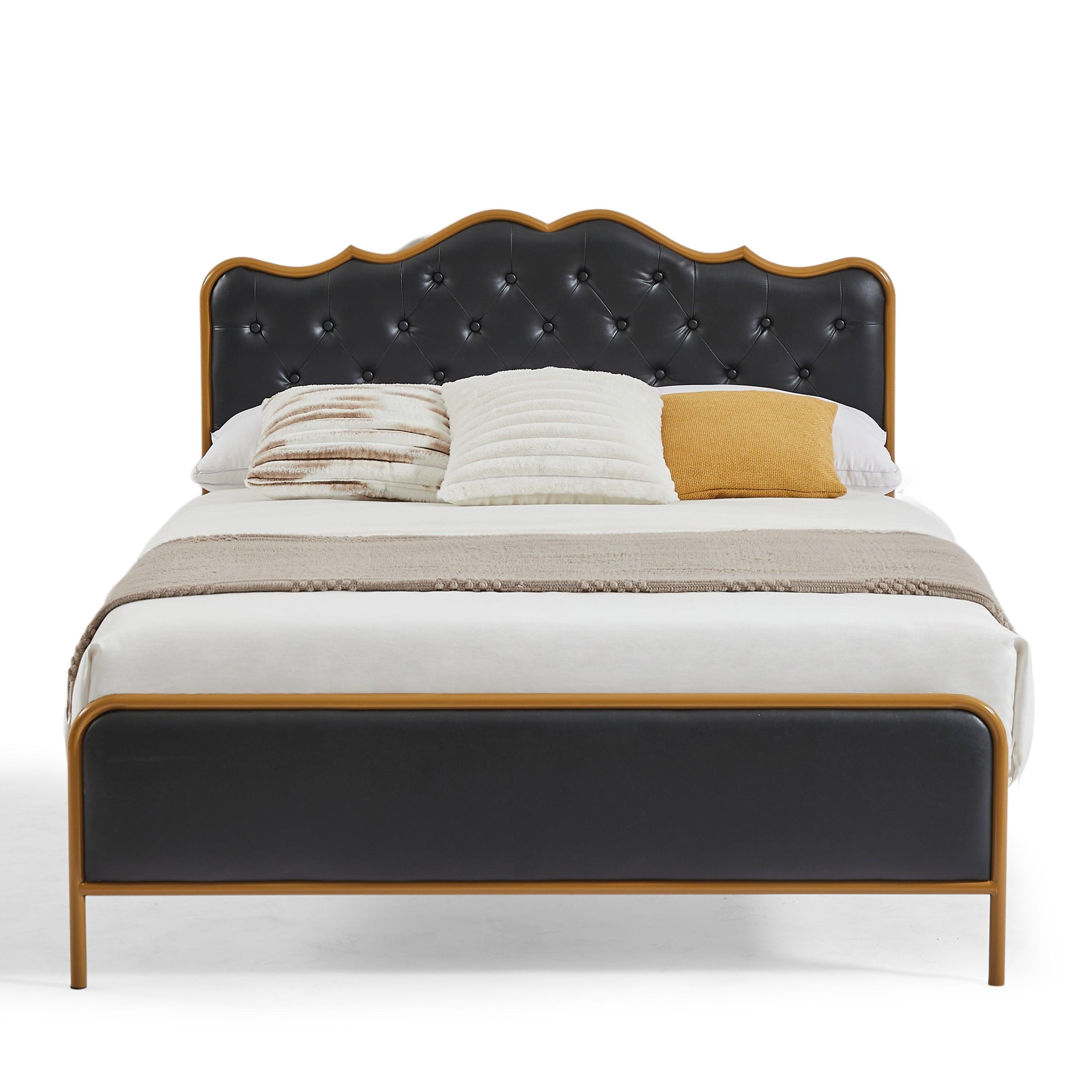 🆓🚛 Full-Size Bed Frame Classic Buckle Backrest, Metal Frame, Solid Wood Ribs, Sponge Soft Bag, Comfortable & Elegant Atmosphere, Black