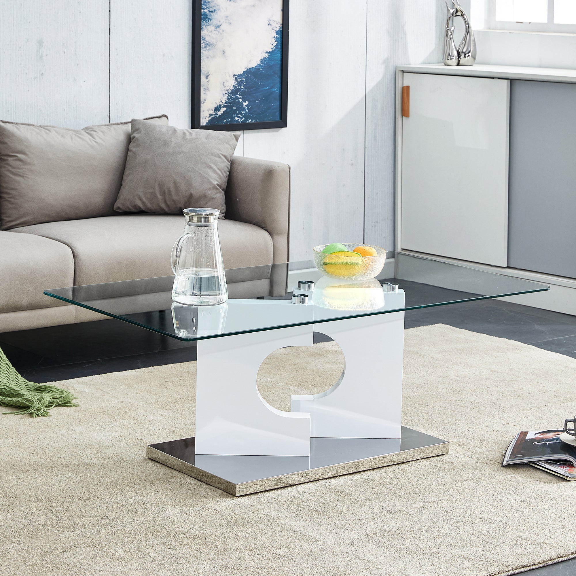 🆓🚛 Rectangular Modern and Fashionable Coffee Table, Tempered Glass Tabletop, White Legs