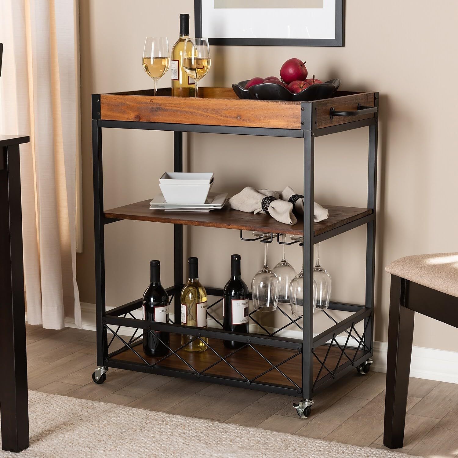 32.6" Tall Industrial Style Rolling Kitchen Island Wine Cart With Black Finished, Fir Wood Mobile Metal Wine Bar Cart With Glass Rack, Oak Brown