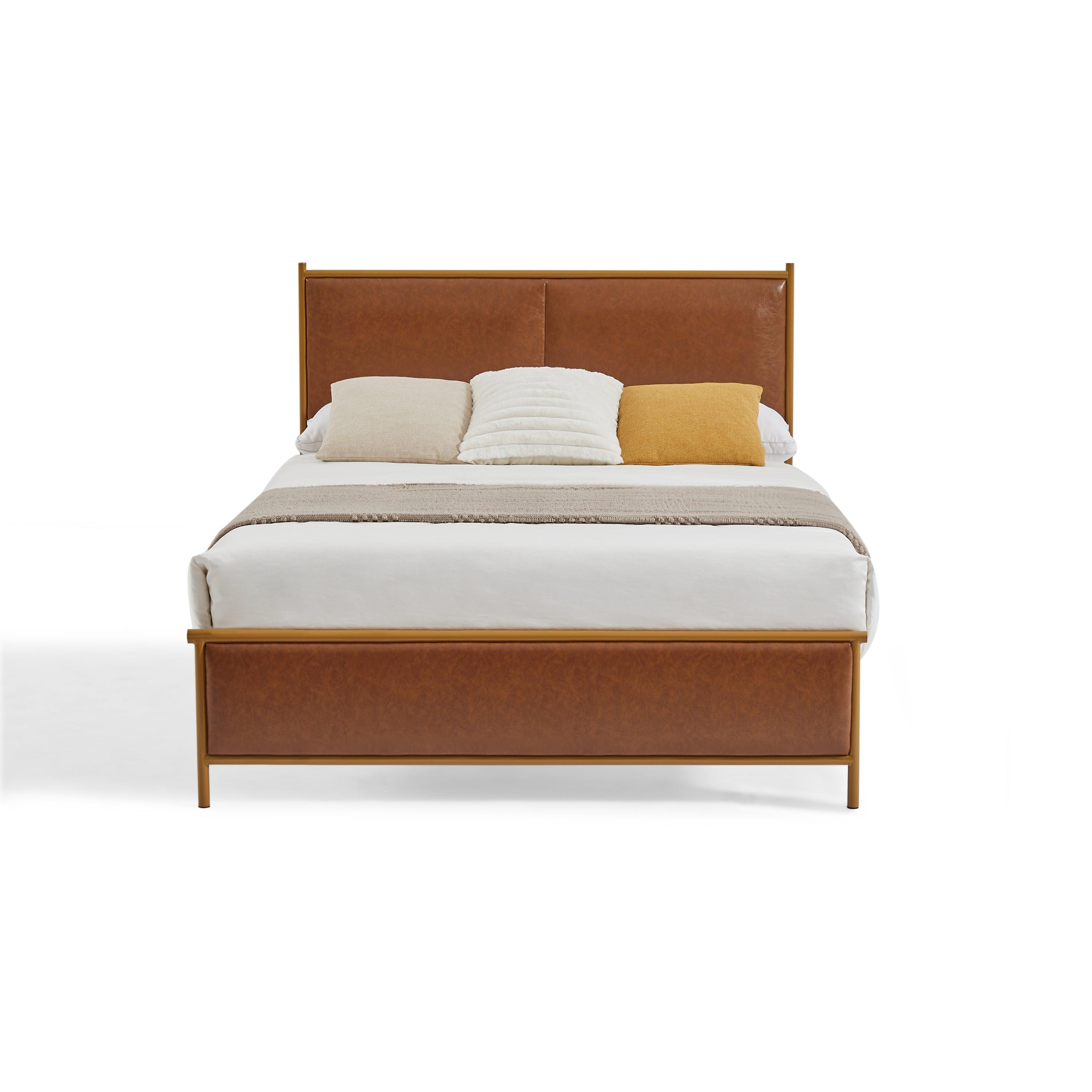 🆓🚛 Full-Size Bed Classic Steamed Bread Shaped Backrest, Metal Frame, Solid Wood Ribs, Sponge Soft Bag, Coffee Color