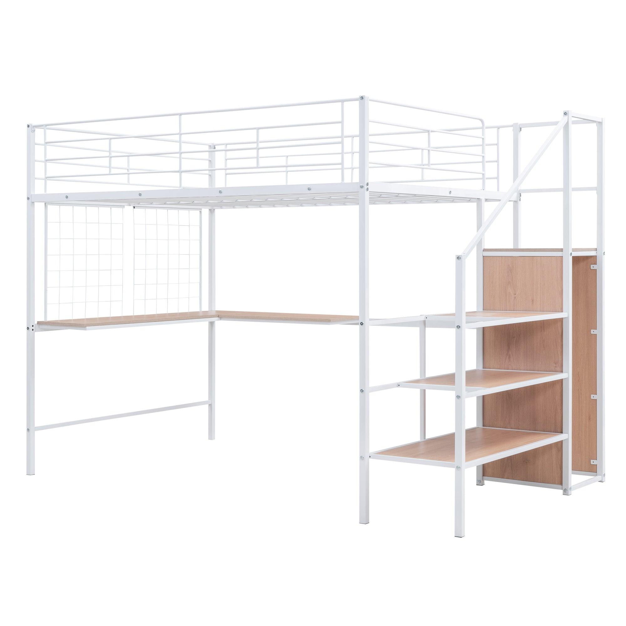 Full Size Metal Loft Bed with Desk and Metal Grid, Stylish Metal Frame Bed with Lateral Storage Ladder and Wardrobe, White