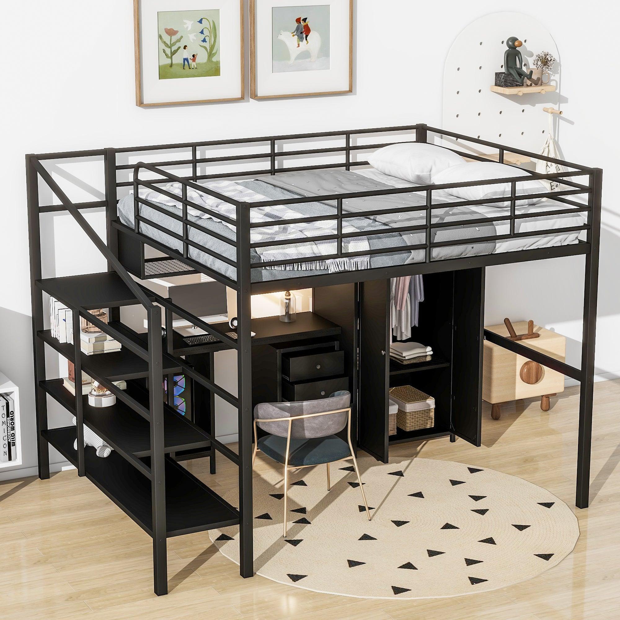 🆓🚛 Metal Loft Bed With Table Set & Wardrobe, Full, Black