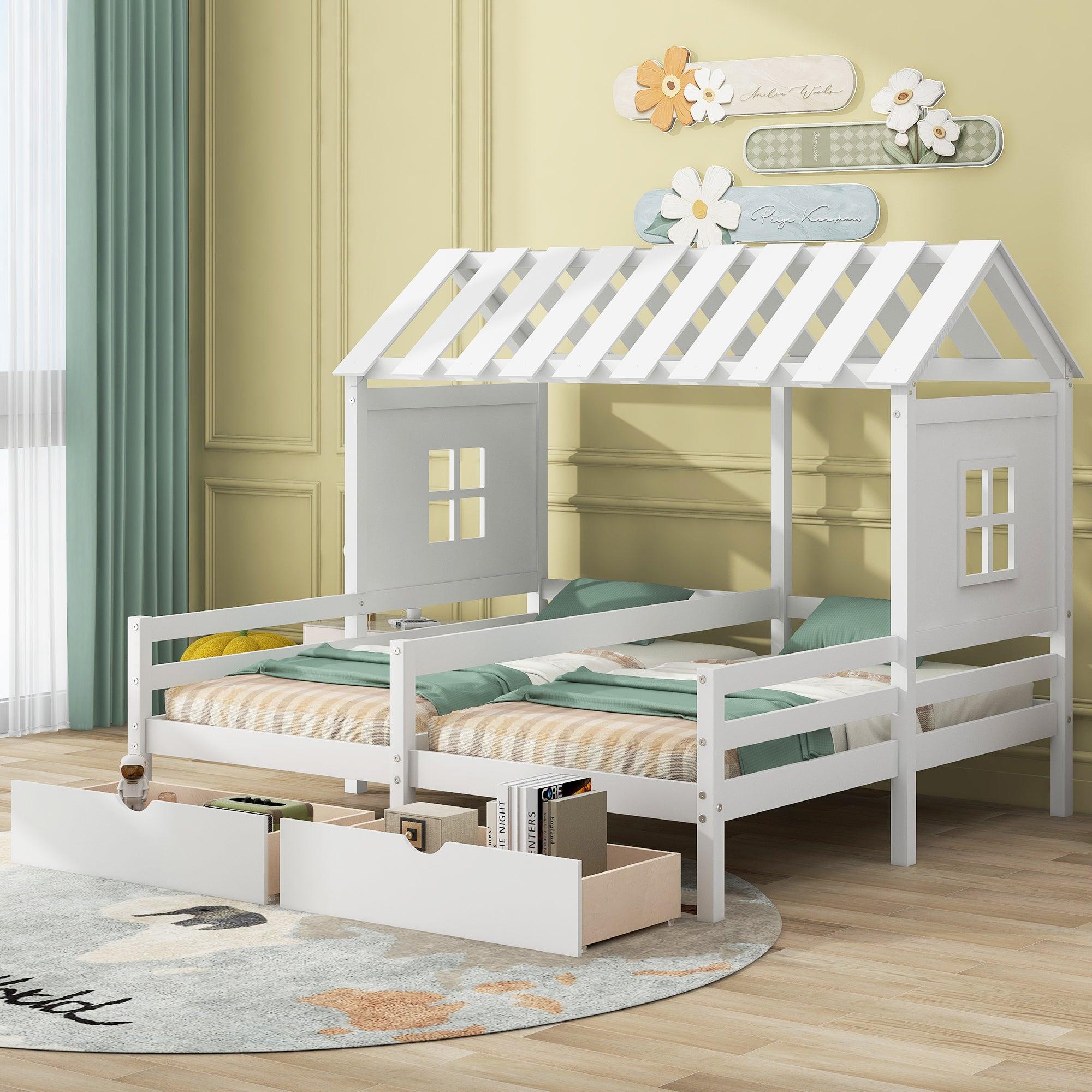 🆓🚛 Twin Size House Platform Beds With Two Drawers Shared Beds, Combination Of 2 Side By Side Twin Size Beds, White