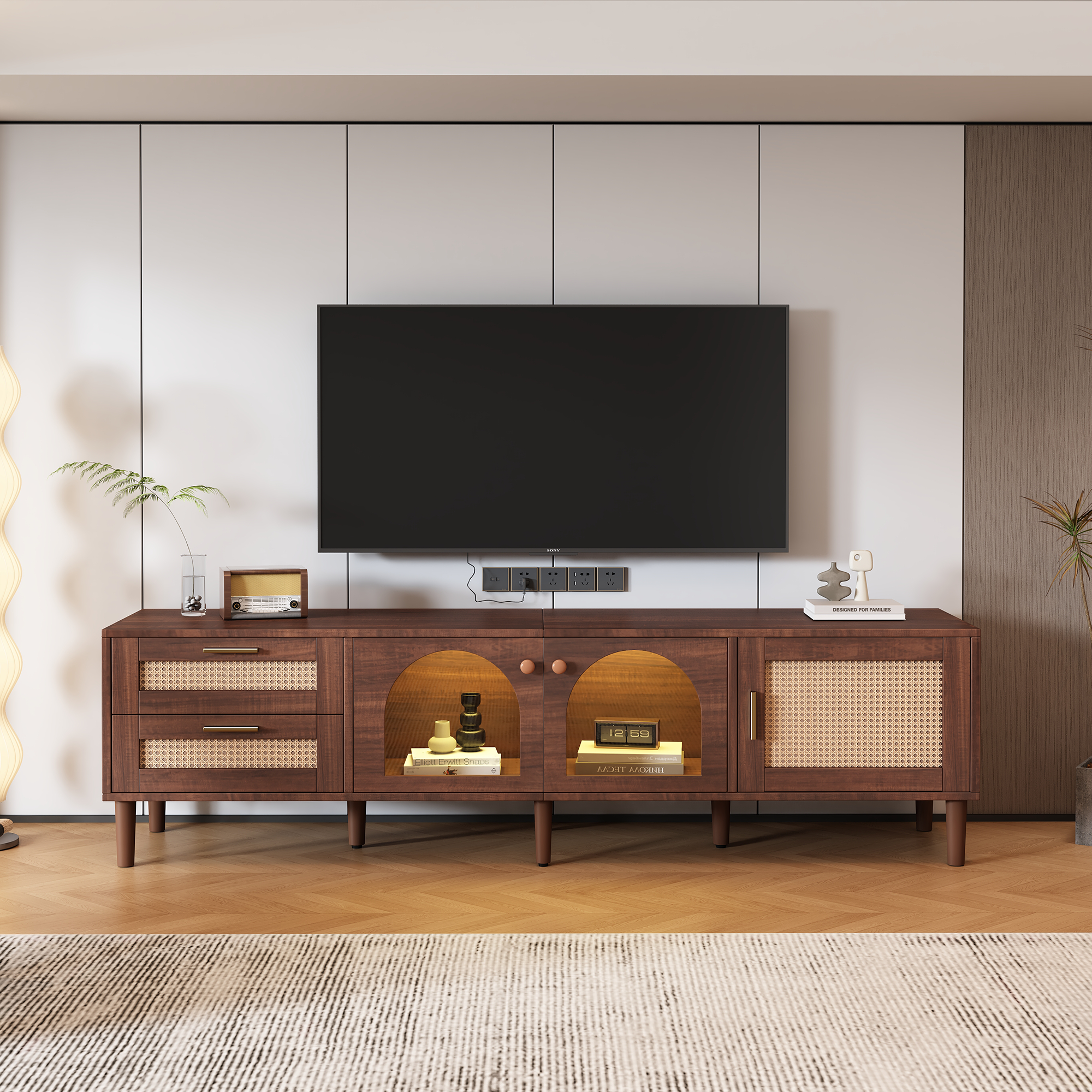 Rattan TV Stand with 3 Cabinets & 2 Drawers, Rattan-inspired Media Console Table for TV's up to 80'', LED Light Entertainment Center, TV cabinet for Living room, Bedroom, Home Theatre