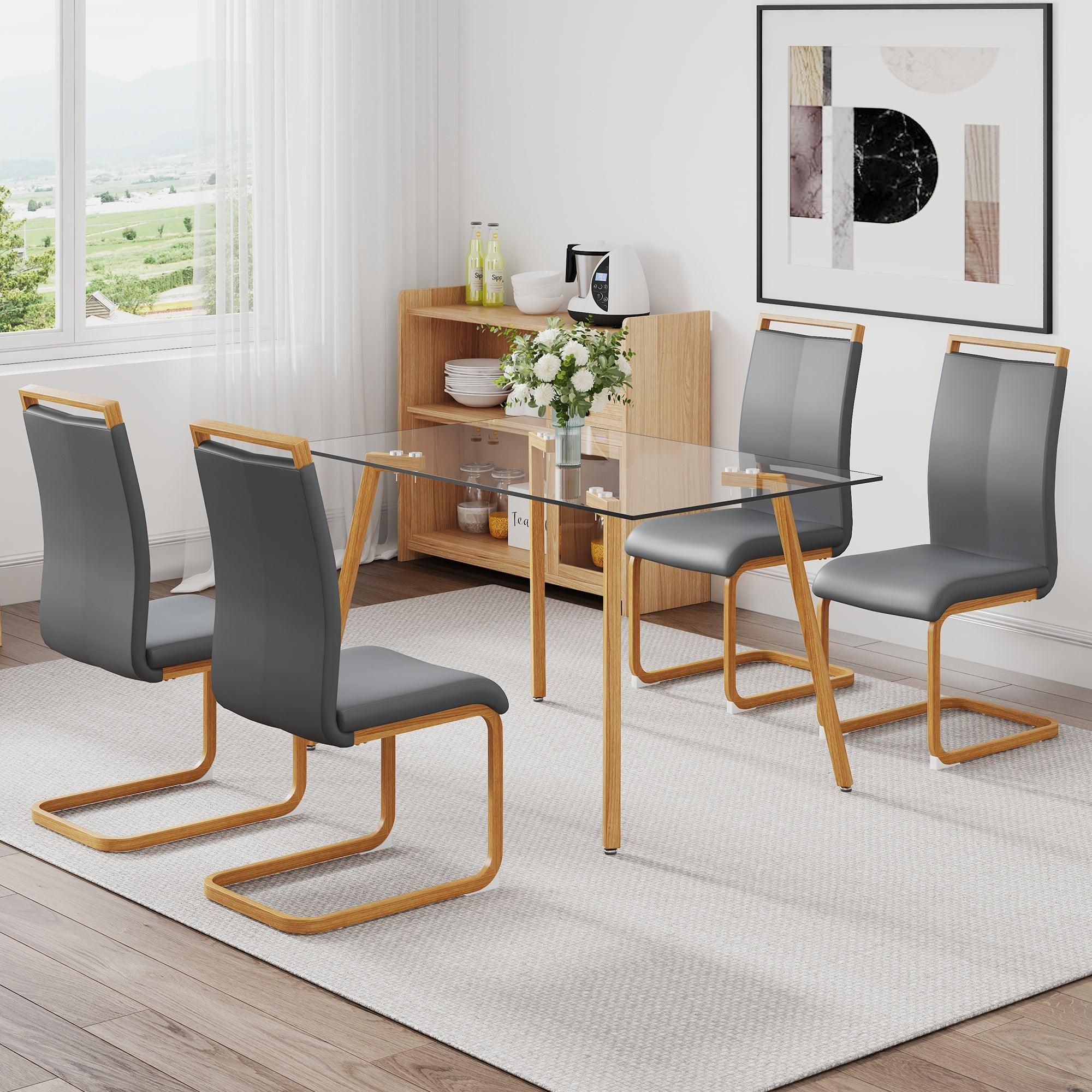 🆓🚛 Table & Chair Set, 1 Table & 4 Gray Chairs Glass Dining Table With 0.31" Tempered Glass Tabletop & Wood Color Metal Legs, Pu Leather High Back Upholstered Chair With Wood Color Metal Leg