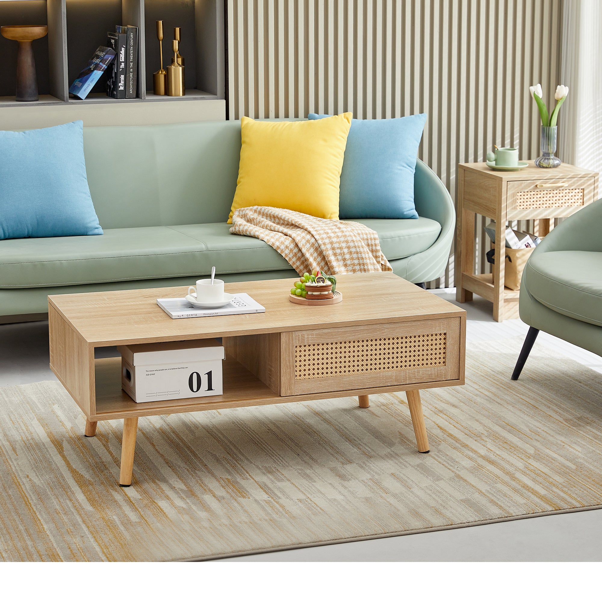 41.34" Rattan Coffee Table, Sliding Door for Storage, Solid Wood Legs, Modern Table  for Living Room , Natural