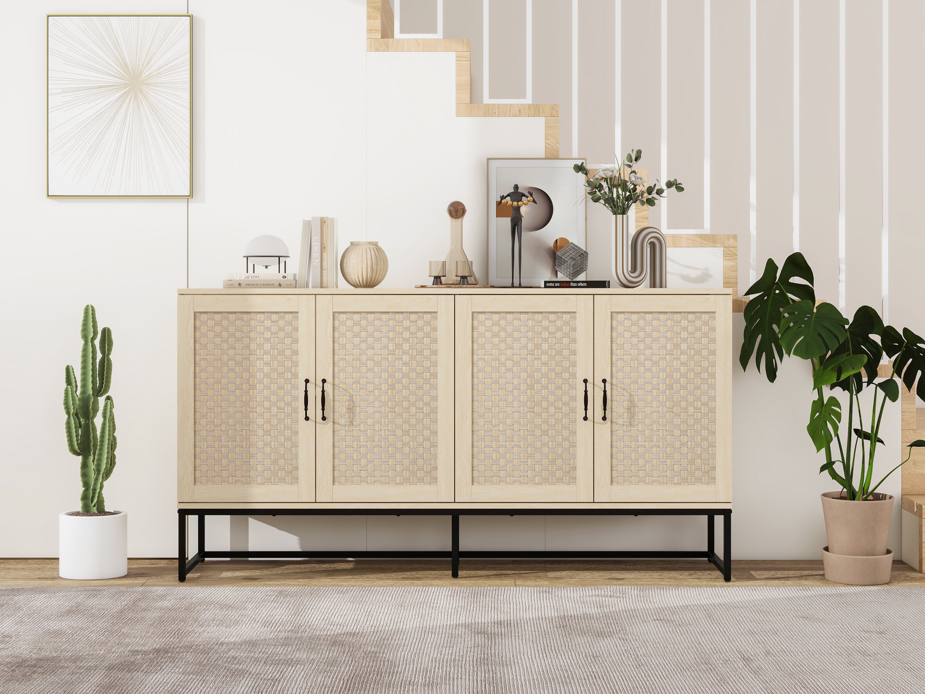 Rattan 4-Door Sideboard, Sideboard Buffet Storage Cabinet, Accent Storage Cabinet, Large Cabinet With 4 Rattan Decorated Doors for Living Room Dining Room