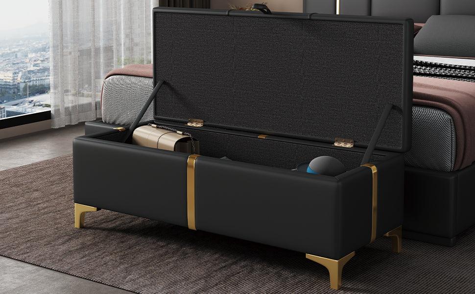 Elegant Upholstered Storage Ottoman, Storage Bench With Metal Legs For Bedroom, Living Room, Fully Assembled Except Legs, Black