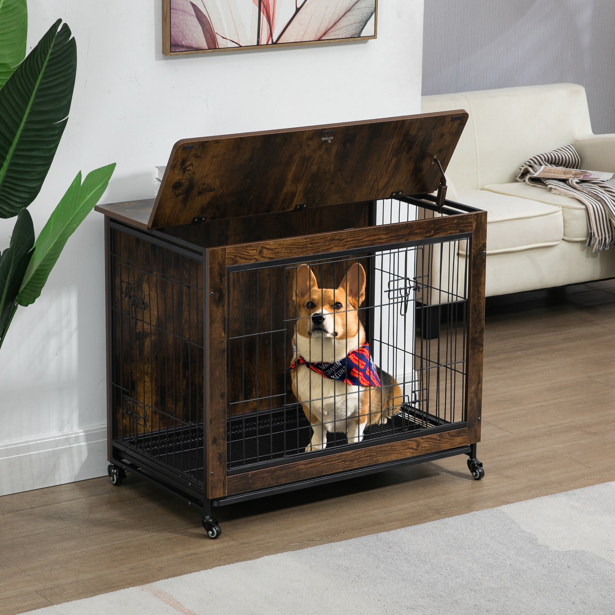 🆓🚛 23.6"L X 20"W X 26"H Dog Crate Furniture With Cushion, Wooden Dog Crate Table, Double-Doors Dog Furniture, Dog Kennel Indoor for Small Dog, Dog House, Dog Cage Small, Rustic Brown