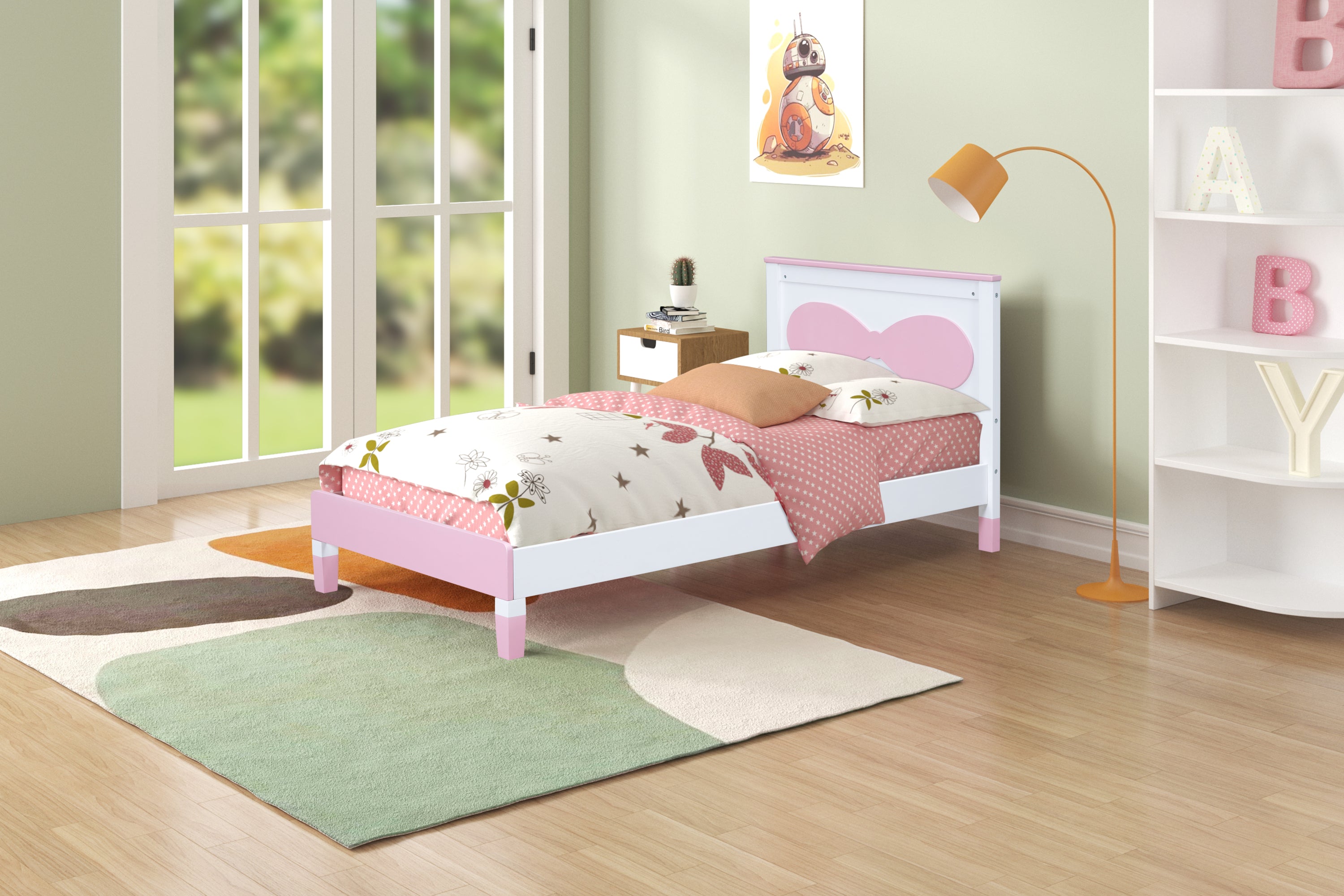 Twin Size Wooden Bow Bed for Girls, Pink