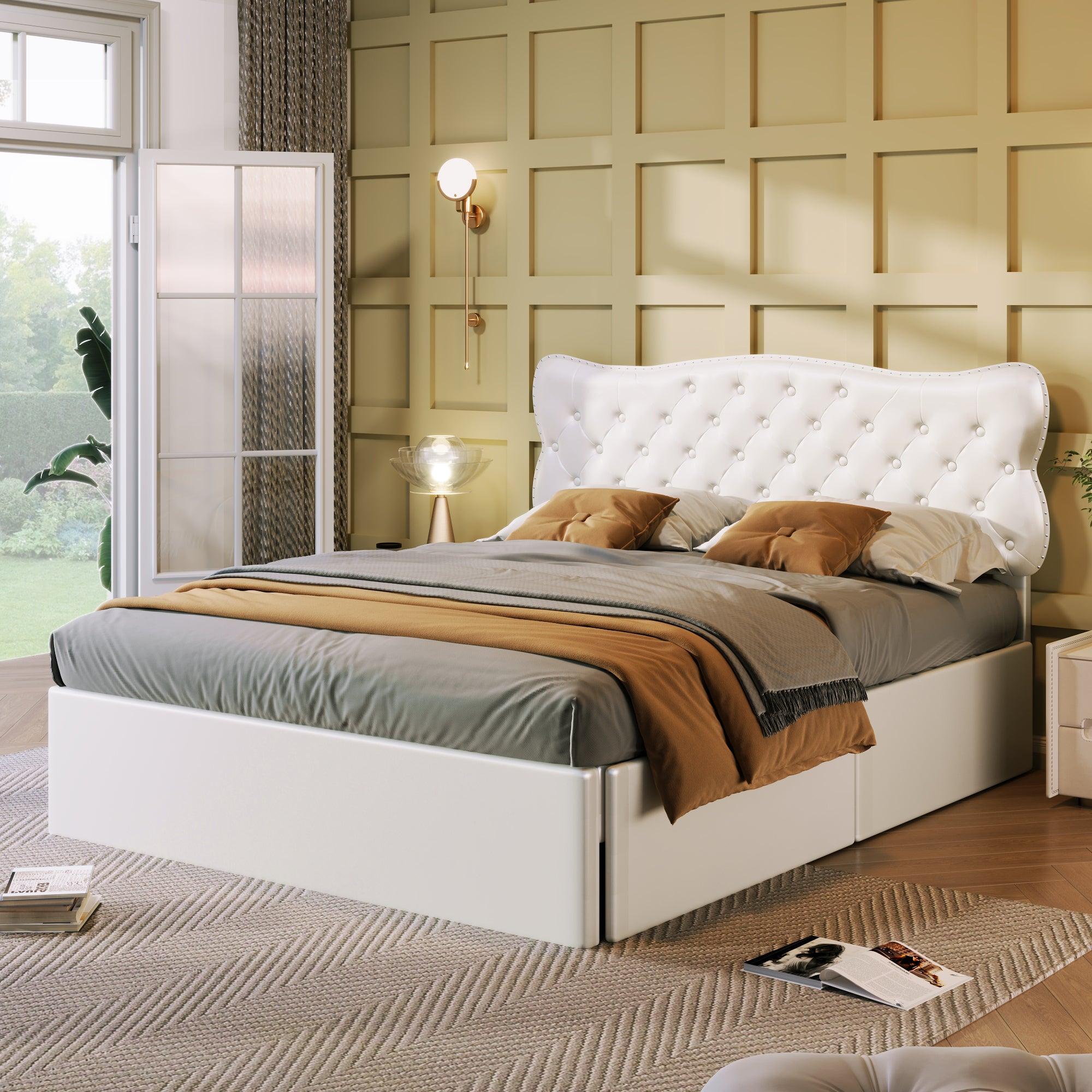 🆓🚛 Full Size Bed Frame With 4 Storage Drawers, Faux Leather Upholstered Platform Heavy Duty Bed, Wood Slat Support, White