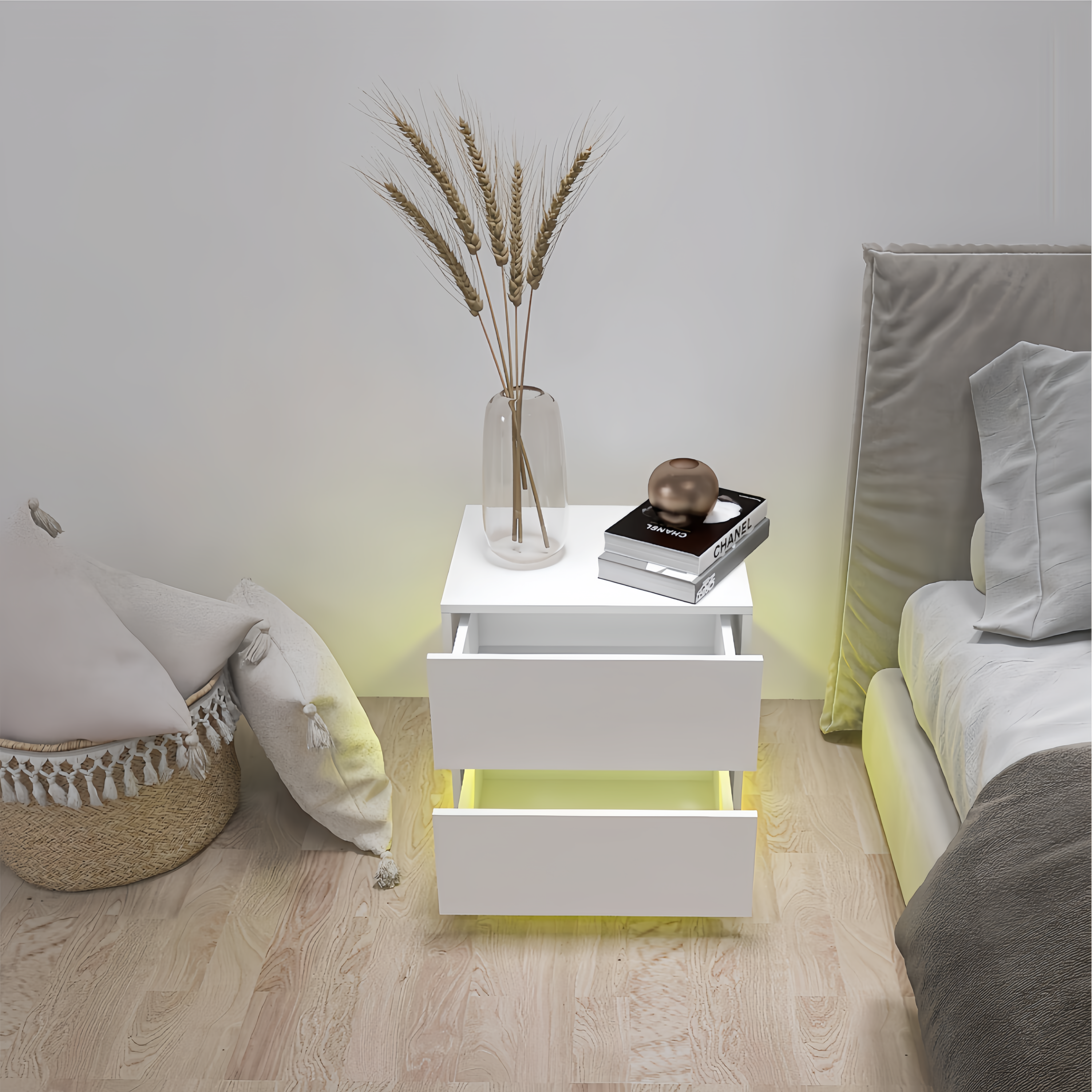 🆓🚛 White Color High Glossy 2 Drawers Bedside Table With Rgb Led Light Nightstand With Bluetooth Control