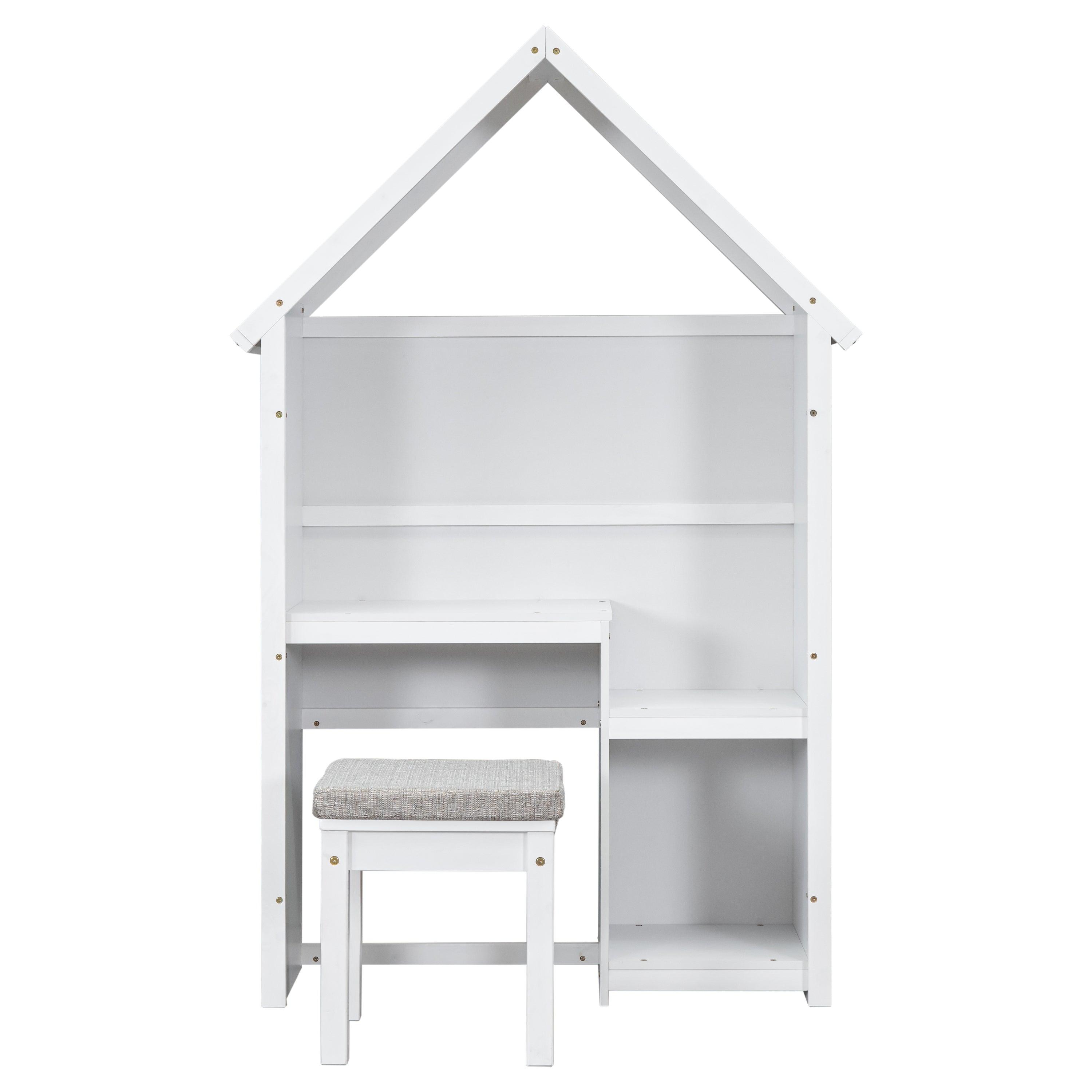 House-Shaped Desk With A Cushion Stool, White