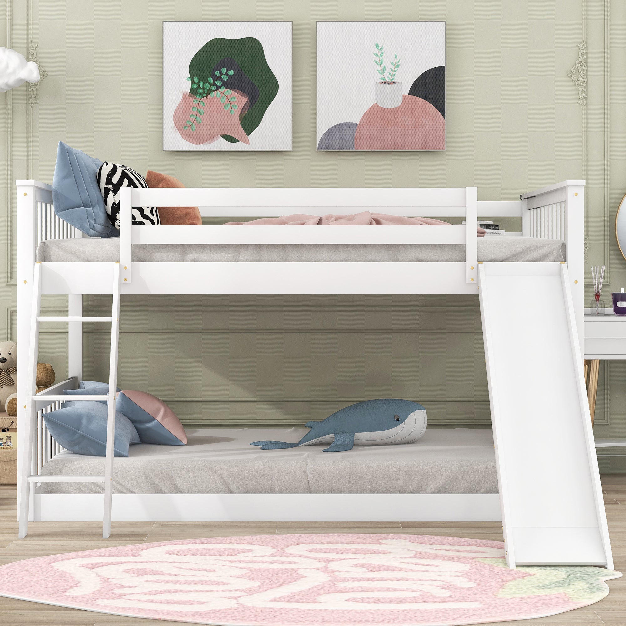 🆓🚛 Full Over Full Bunk Bed With Convertible Slide and Ladder, White