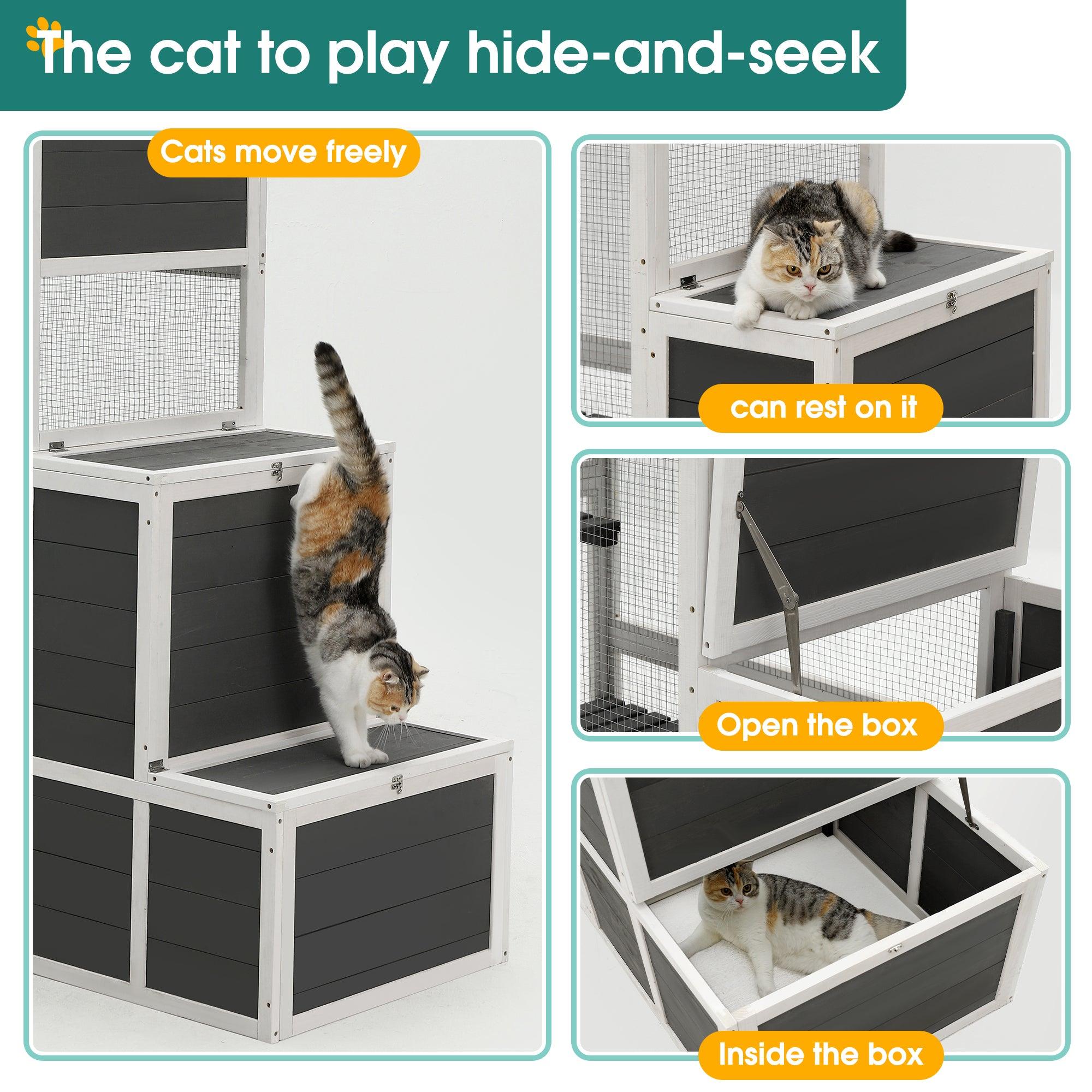 3-Tier Wooden Outdoor   &   Indoor Cat House Suitable For 1-3 Cats Cat Enclosure Resting Box With 4 Platforms And 2 Doors Cat Shelter Kitty House With A Jump Box For Hiding And Resting Cat Cage 71" H-Gray