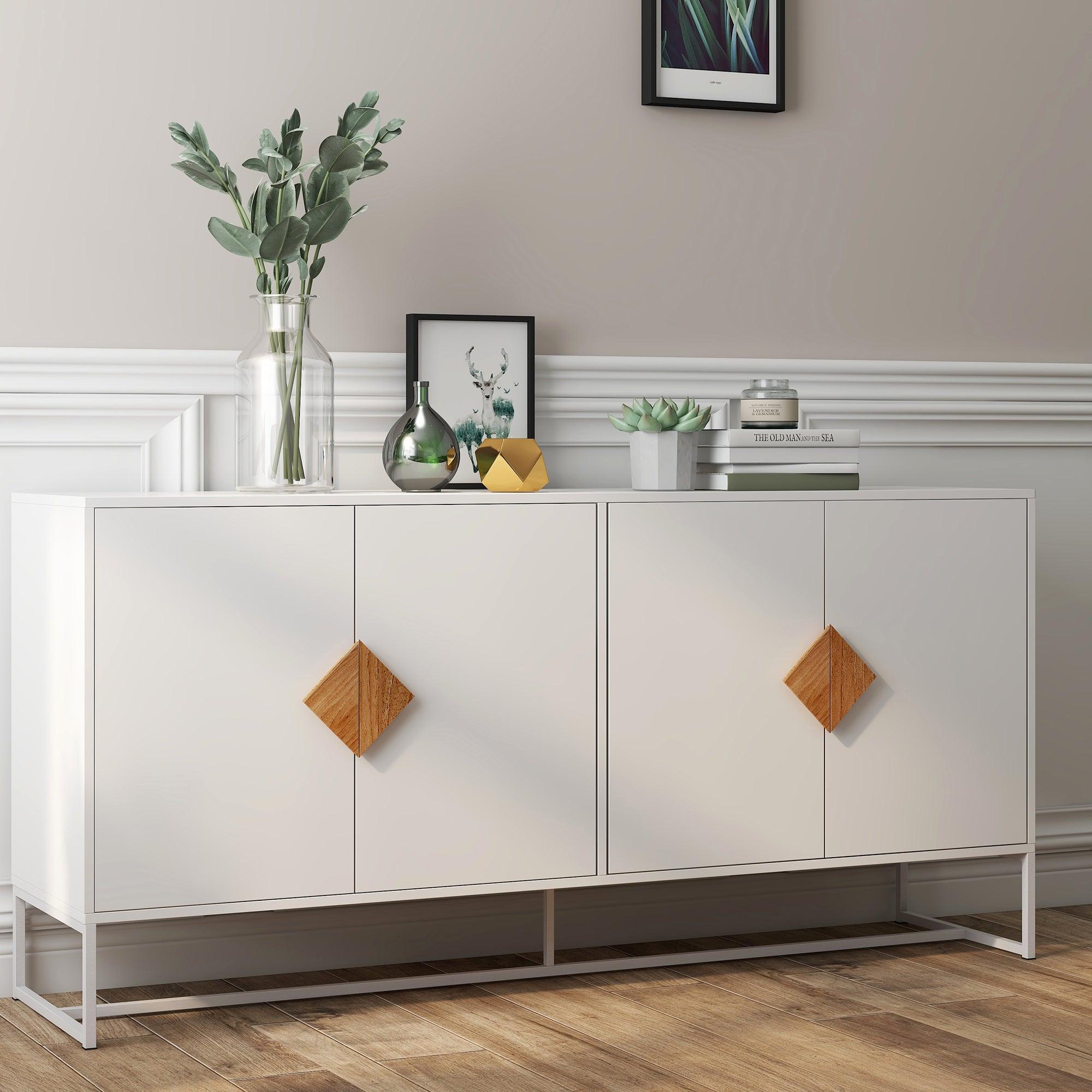 🆓🚛 Solid Wood Special Shape Square Handle Design With 4 Doors & Double Storage Sideboard