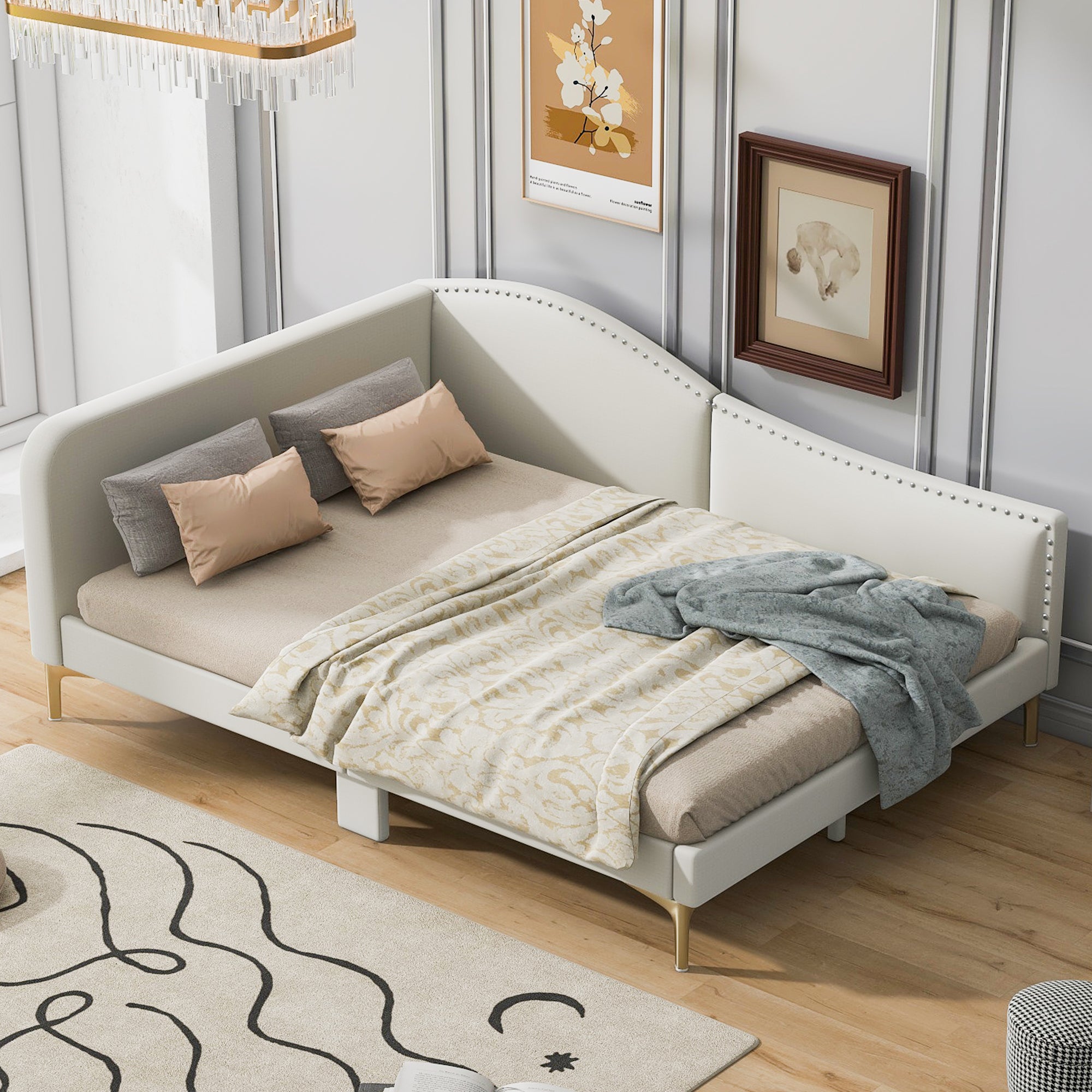 🆓🚛 Full Size Upholstered Daybed With Headboard and Armrest, Support Legs, Beige