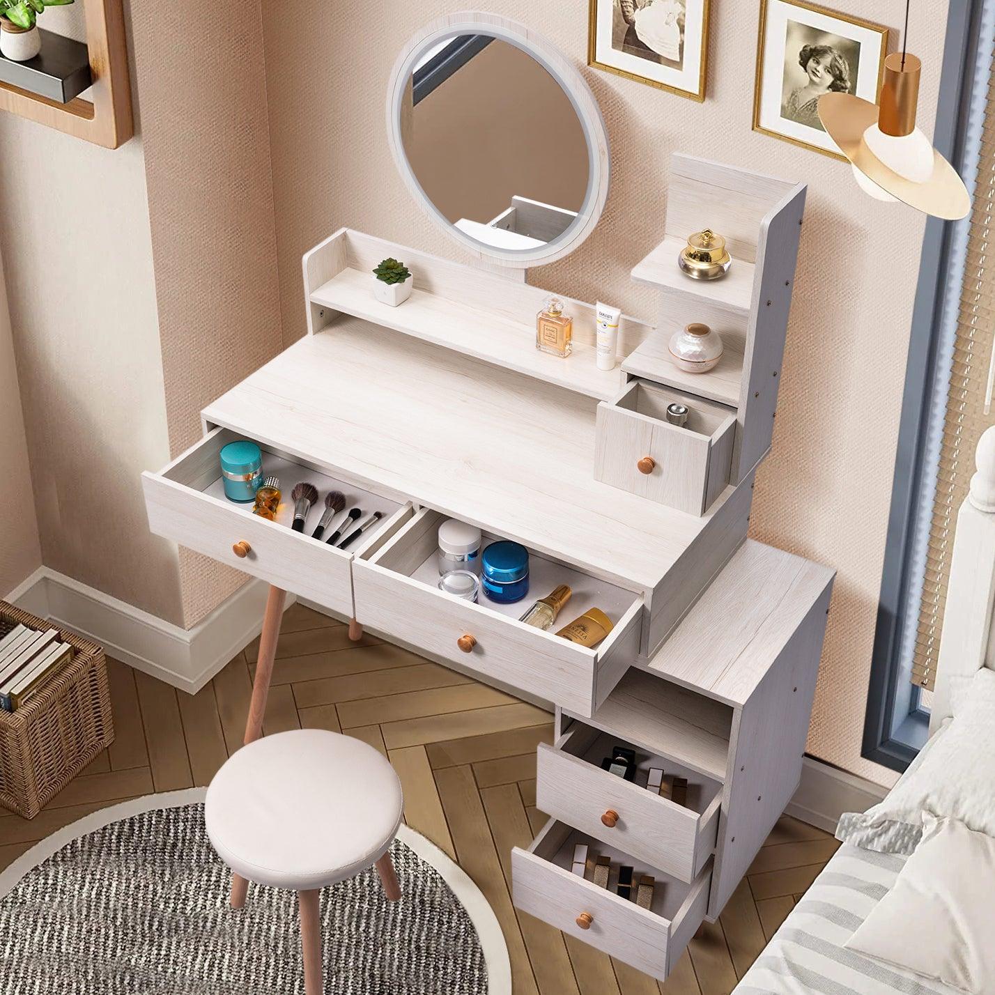 🆓🚛 Stylish Vanity Table + Cushioned Stool, Touch Control Led Mirror, Storage Cabinet, 5 Drawers