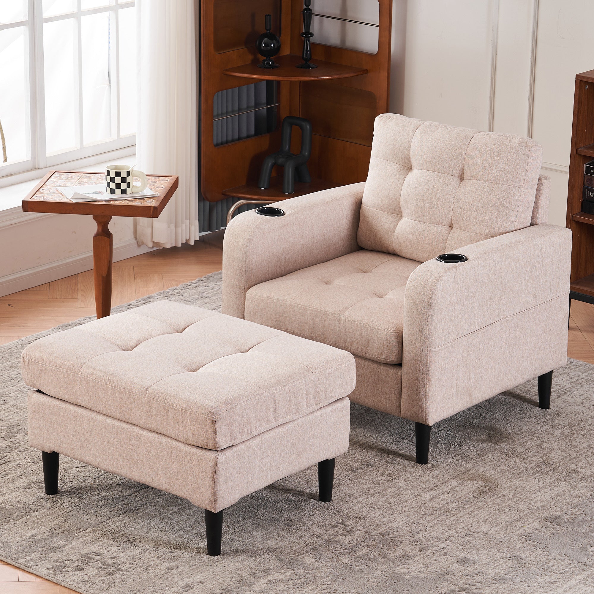 🆓🚛 Upholstered Armchair and Storage Ottoman Set - Comfortable Single Sofa With Cup Holders and Tufted Detailing, Beige