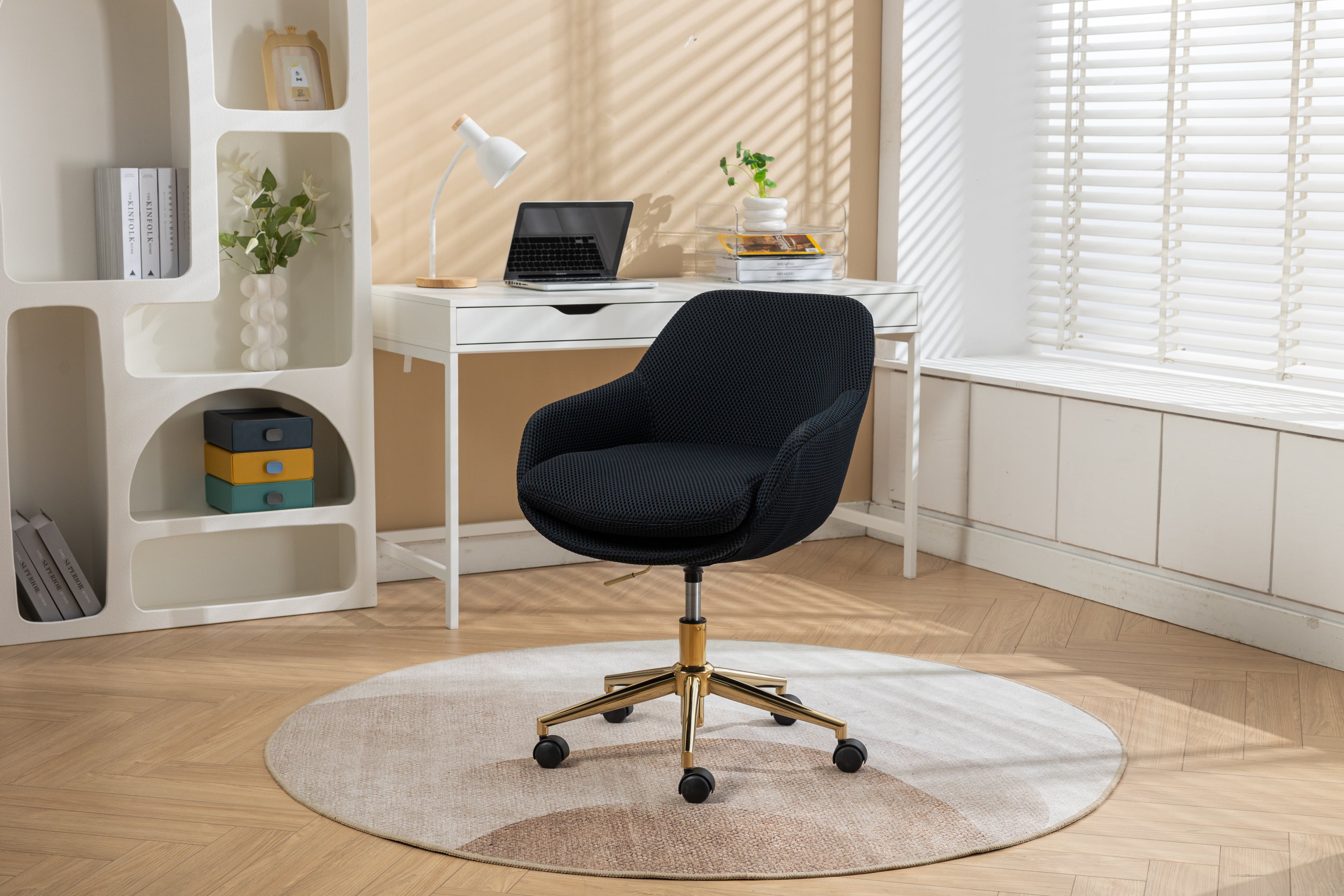 🆓🚛 Mesh Fabric Home Office 360° Swivel Chair, Adjustable Height With Gold Metal Base, Black