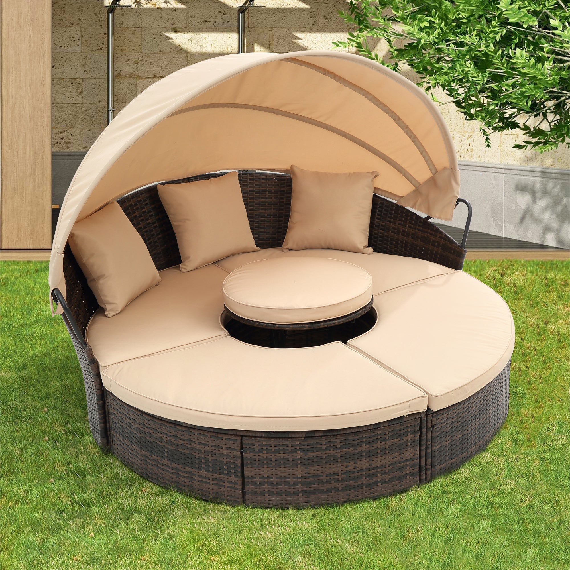 🆓🚛 5 Piece Patio Conversation Set, Rattan Round Lounge with Retractable Canopy, Wicker Outdoor Sofa Bed with Lift Coffee Table, Beige