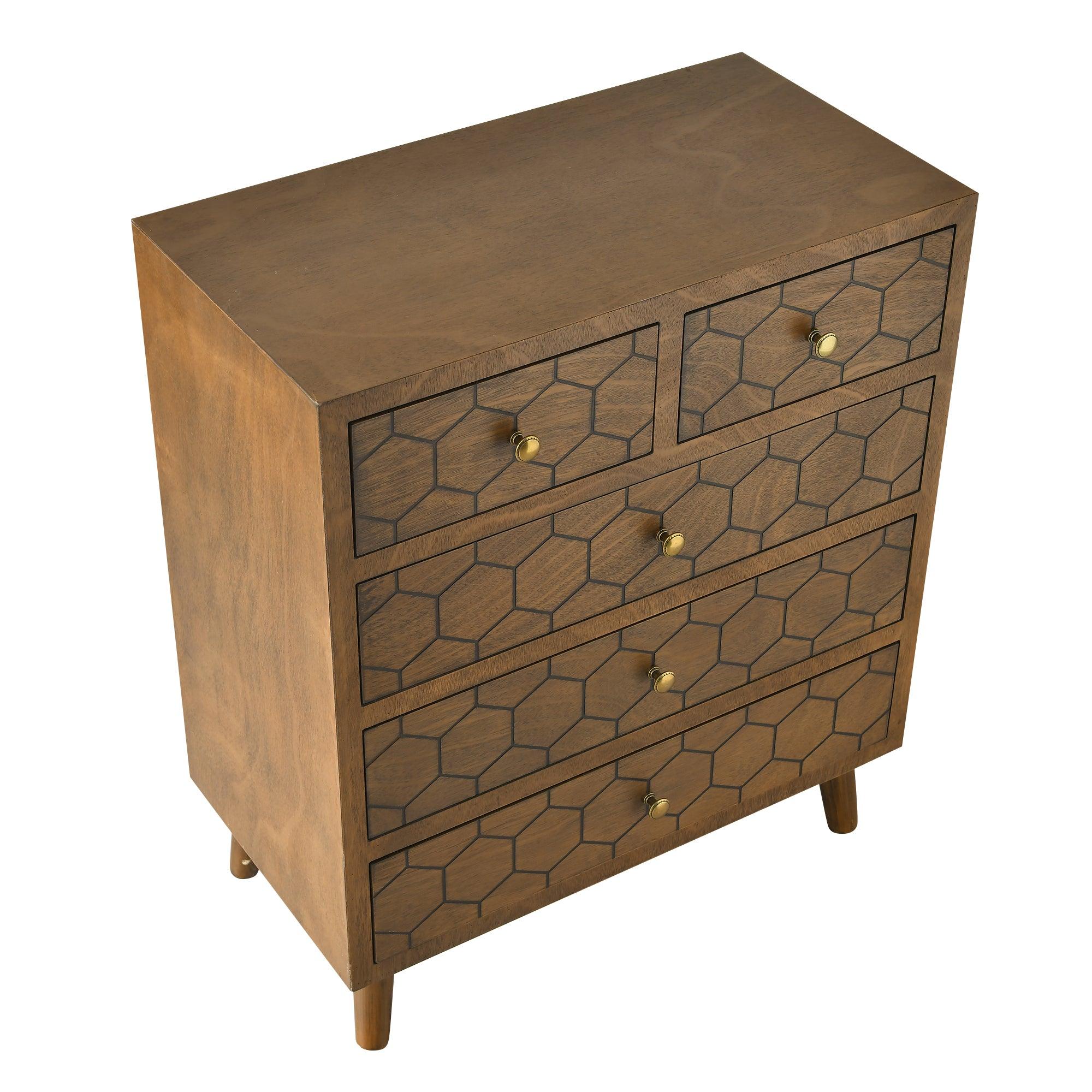 Handcrafted Accent Drawer With Abstract Carvings - 5 Drawers For Stylish Storage - Natural Wood Veneer - No Assembly Required