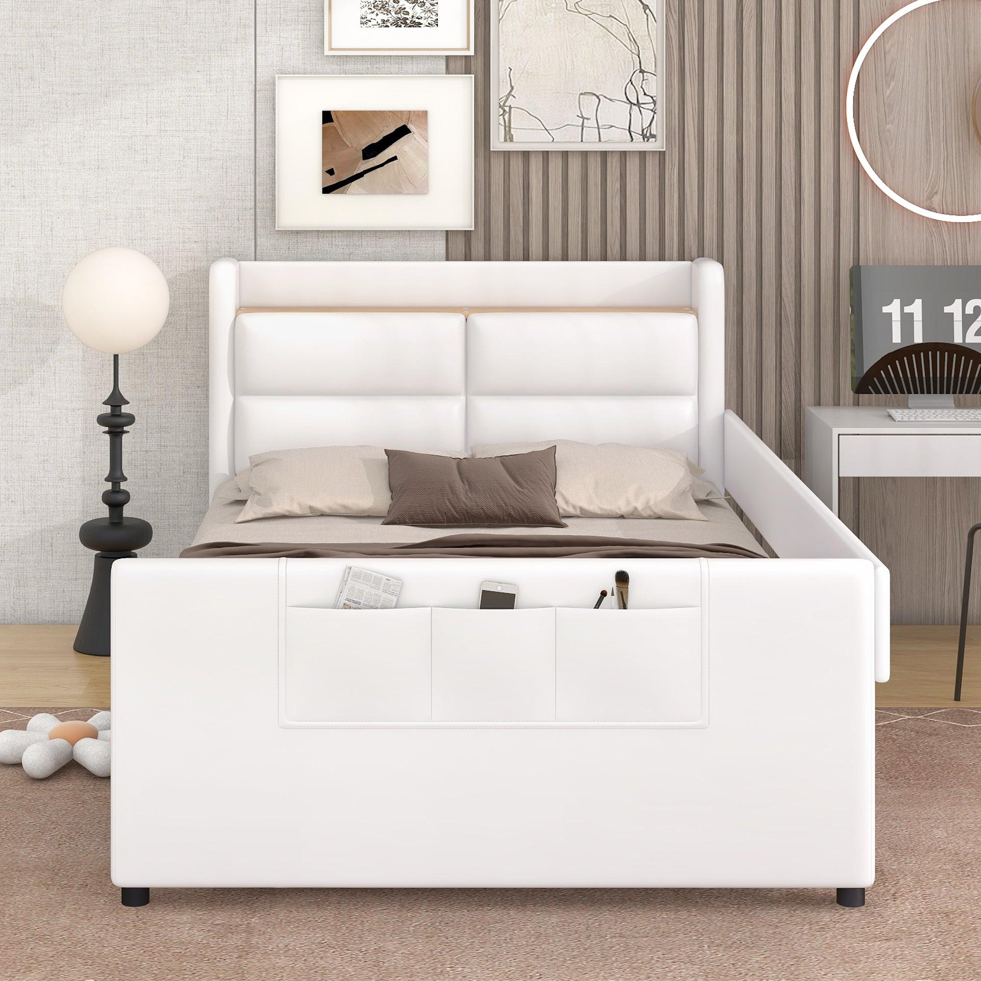 🆓🚛 Twin Size Upholstered Platform Bed With Guardrail, Storage Headboard & Footboard, Beige