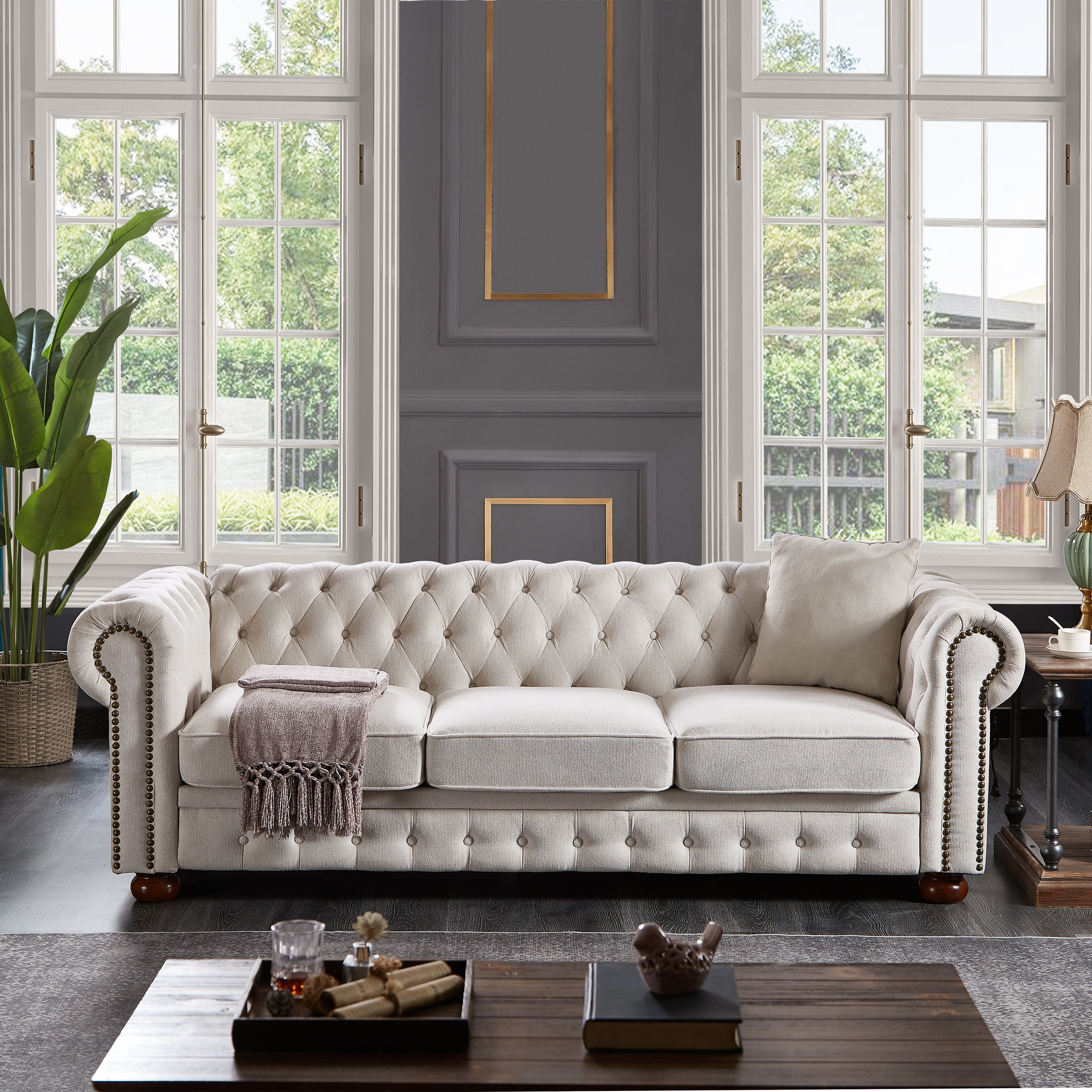 Chesterfield Sofa Beige Linen Fabric (Beige)