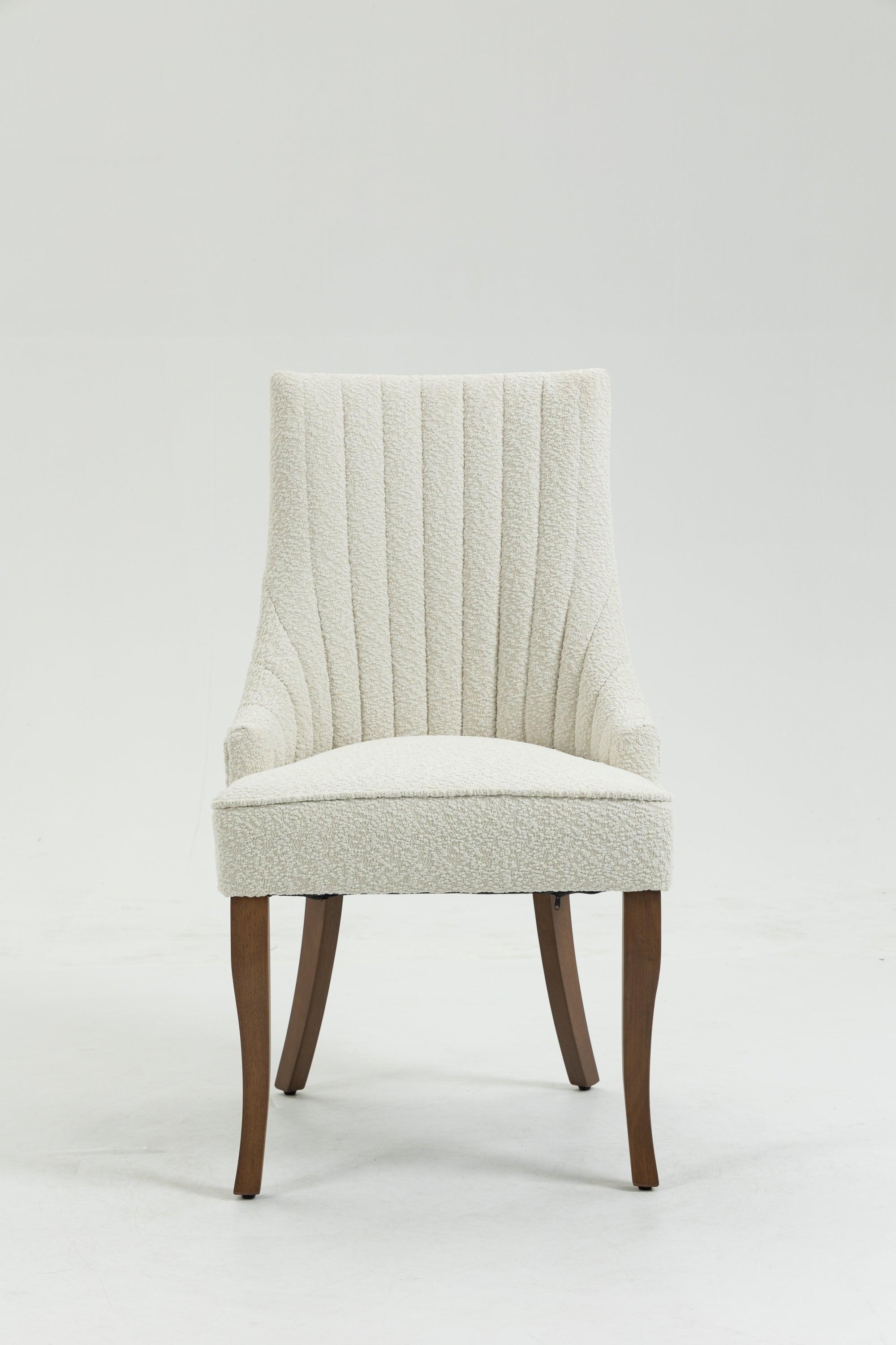 Exquisite White Boucle Upholstered Strip Back Dining Chair with Solid Wood Legs 2 Pcs