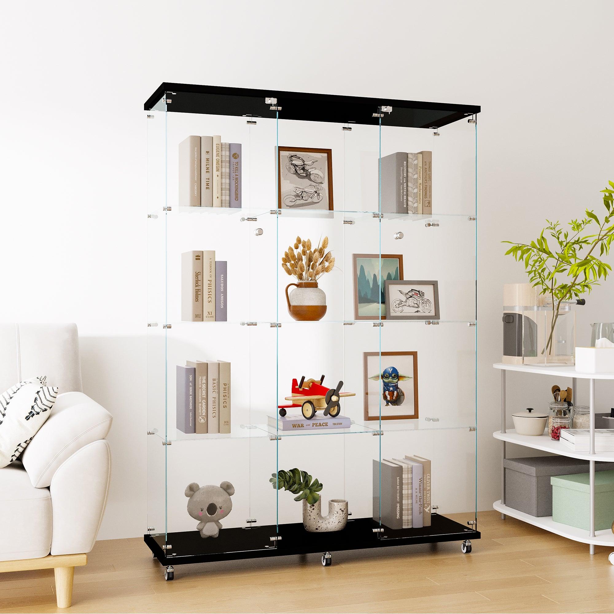 Glass Display Cabinet with 4 Shelves Extra Large, Curio Cabinets for Living Room, Bedroom, Office, Black Floor Standing Glass Bookshelf, Quick Installation