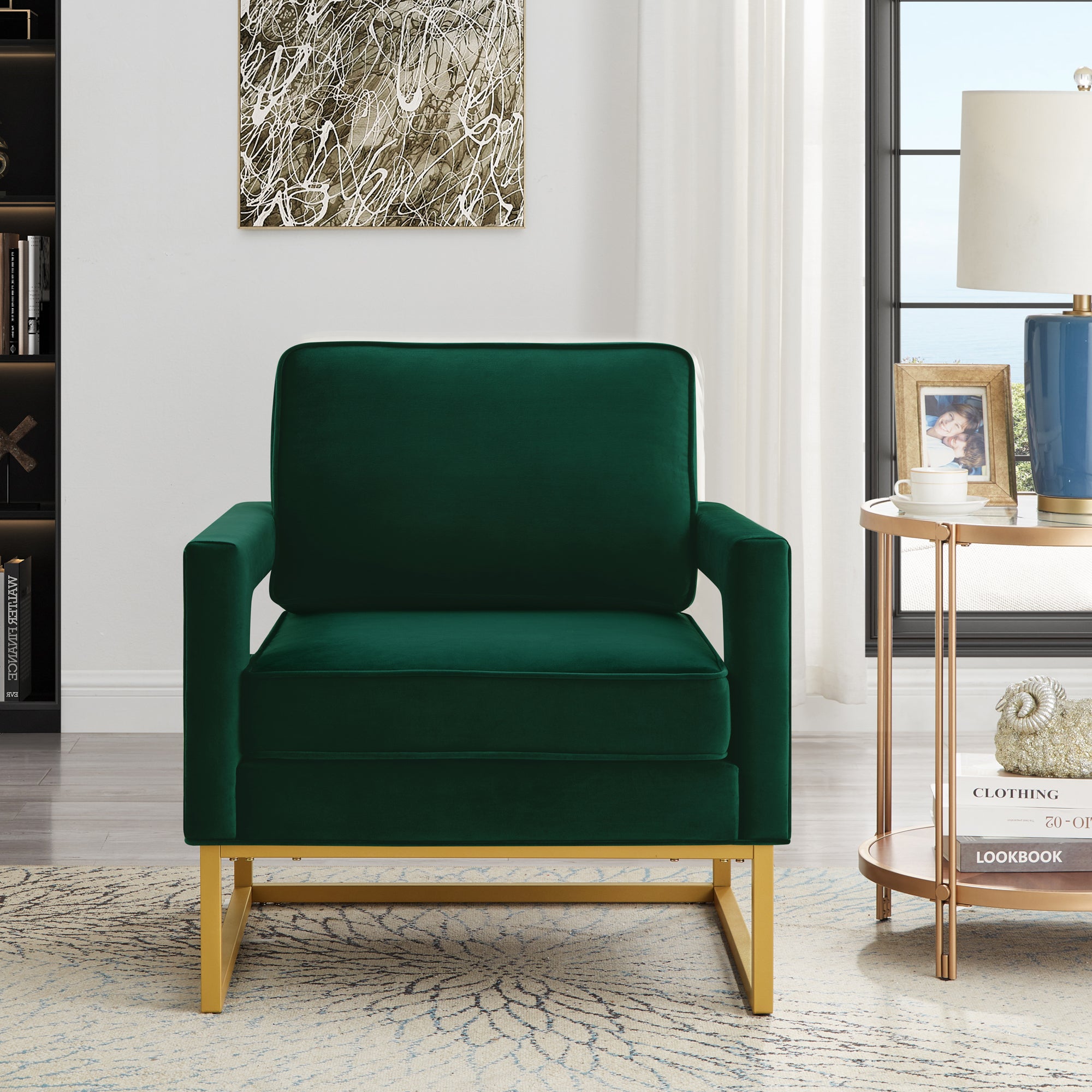 🆓🚛 Modern Style Accent Chair With Gold Metal Base, Velvet Upholstered Leisure Chair With Open Armrest, Armchair, Jade