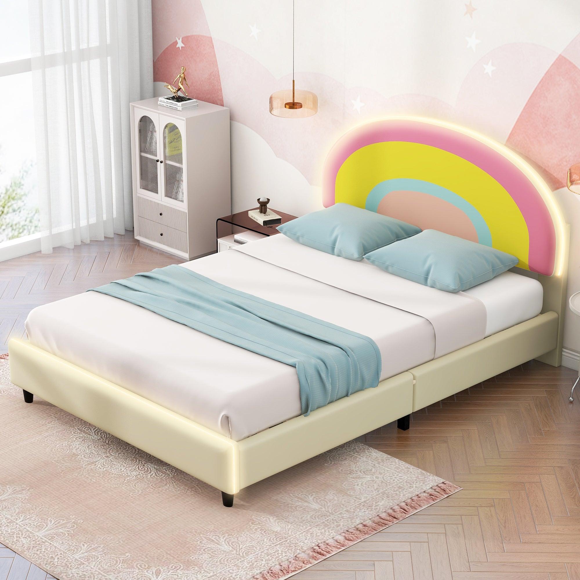 🆓🚛 Twin Size Upholstered Platform Bed With Rainbow Shaped & Height-Adjustbale Headboard, Led Light Strips, Beige