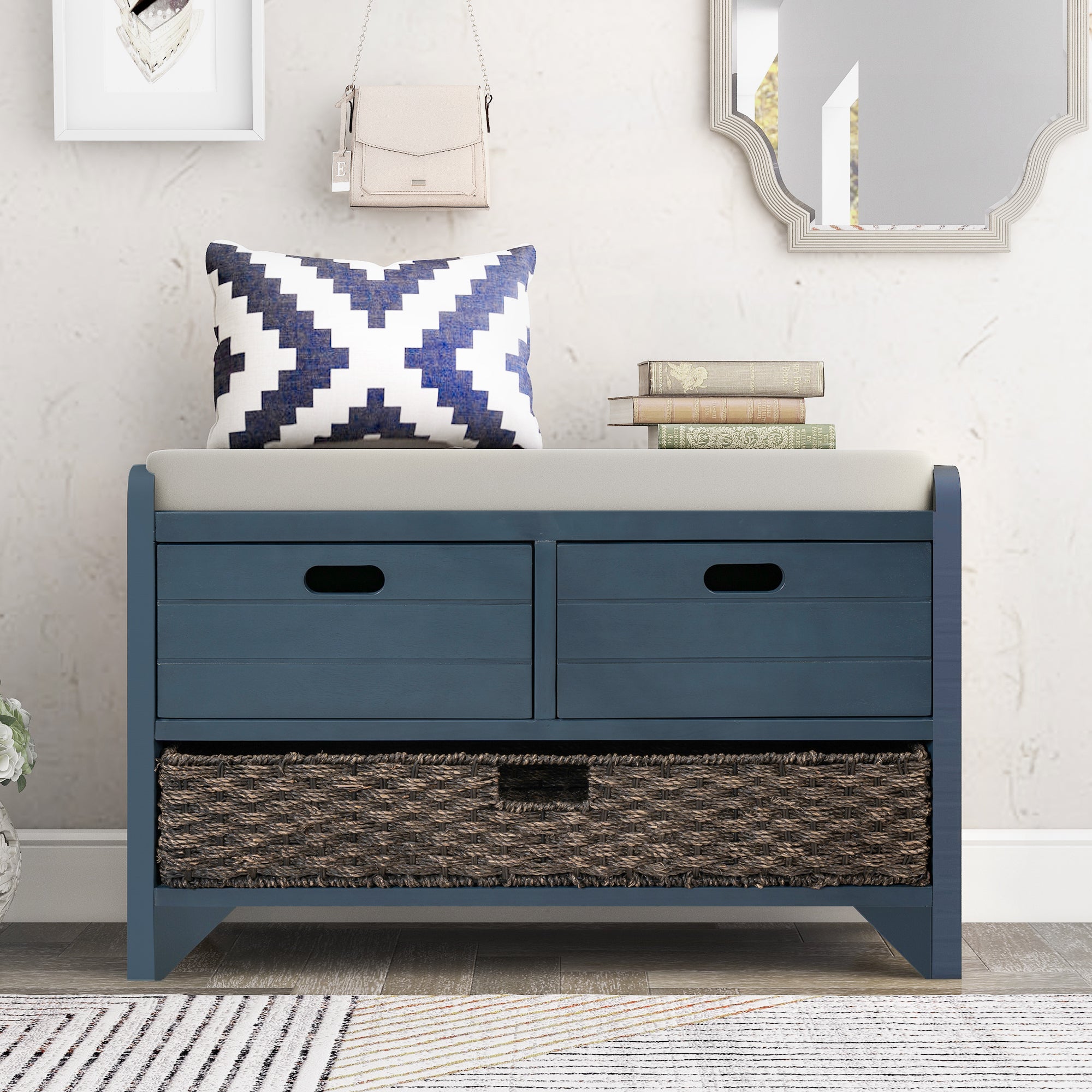 🆓🚛 Storage Bench With Removable Basket and 2 Drawers, Fully Assembled Shoe Bench With Removable Cushion, Navy