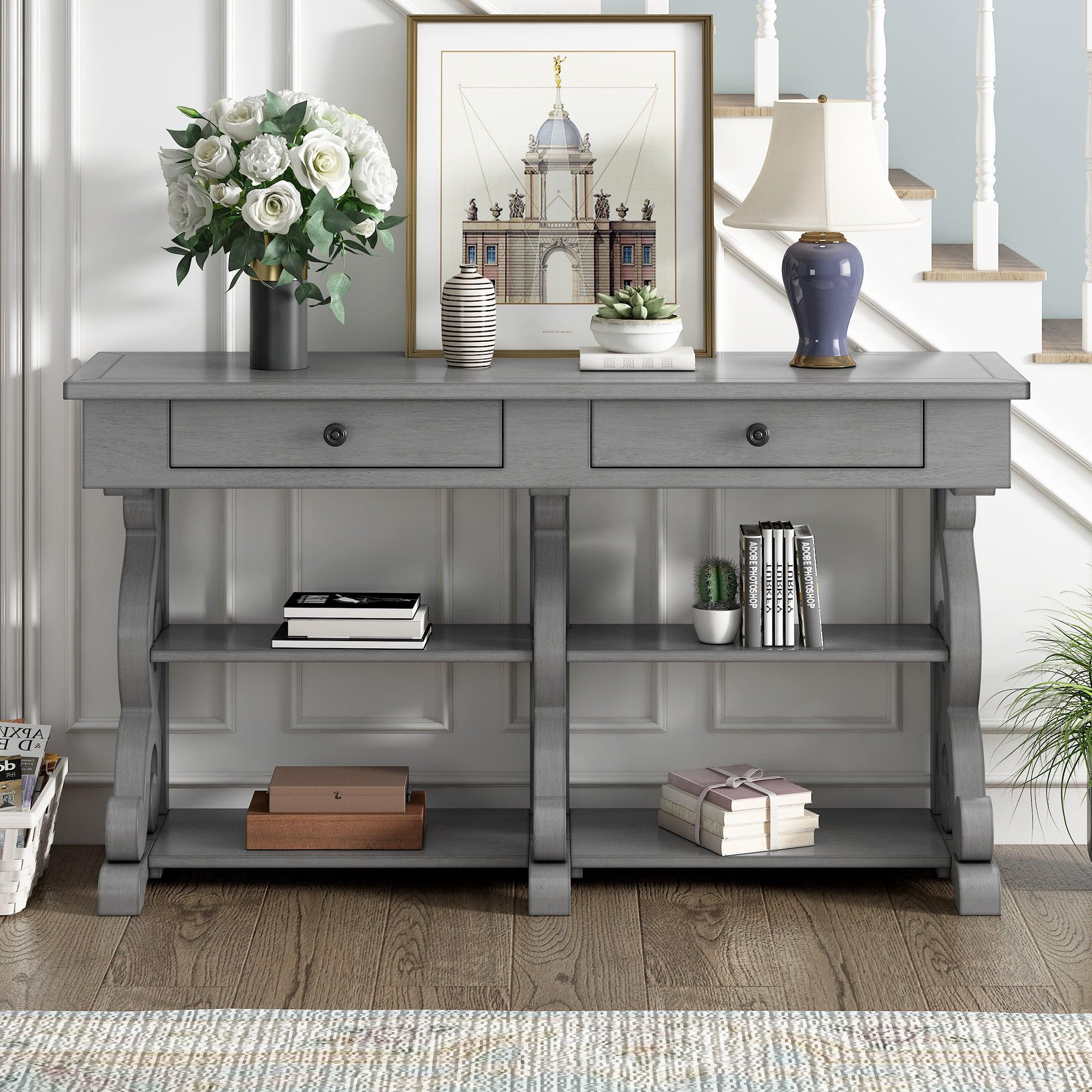 🆓🚛 Retro Console Table/Sideboard With Ample Storage, Open Shelves & Drawers for Entrance, Dinning Room, Living Room (Antique Gray)
