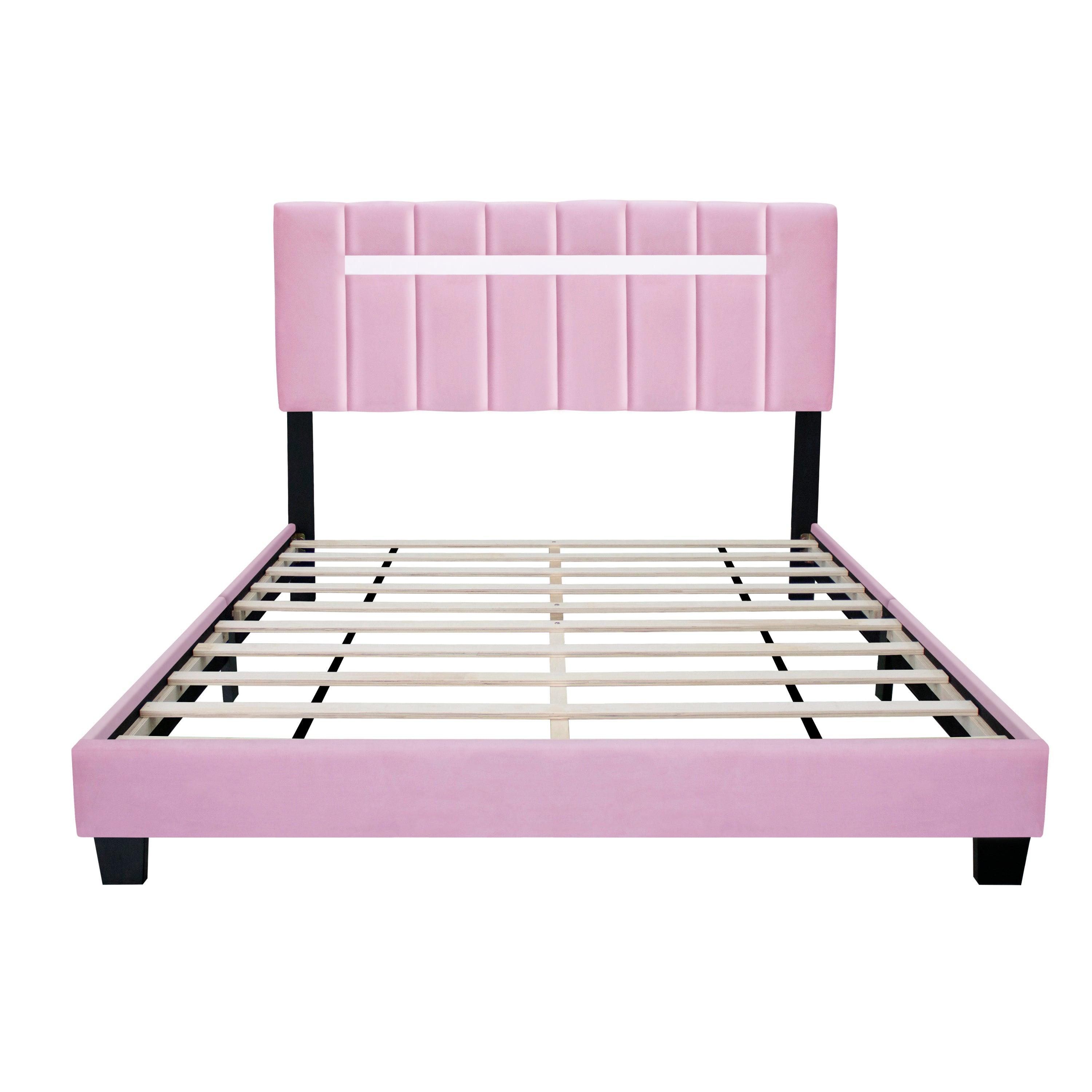 🆓🚛 Queen Size Upholstered Velvet Bed Frame With Adjustable Features, Pink