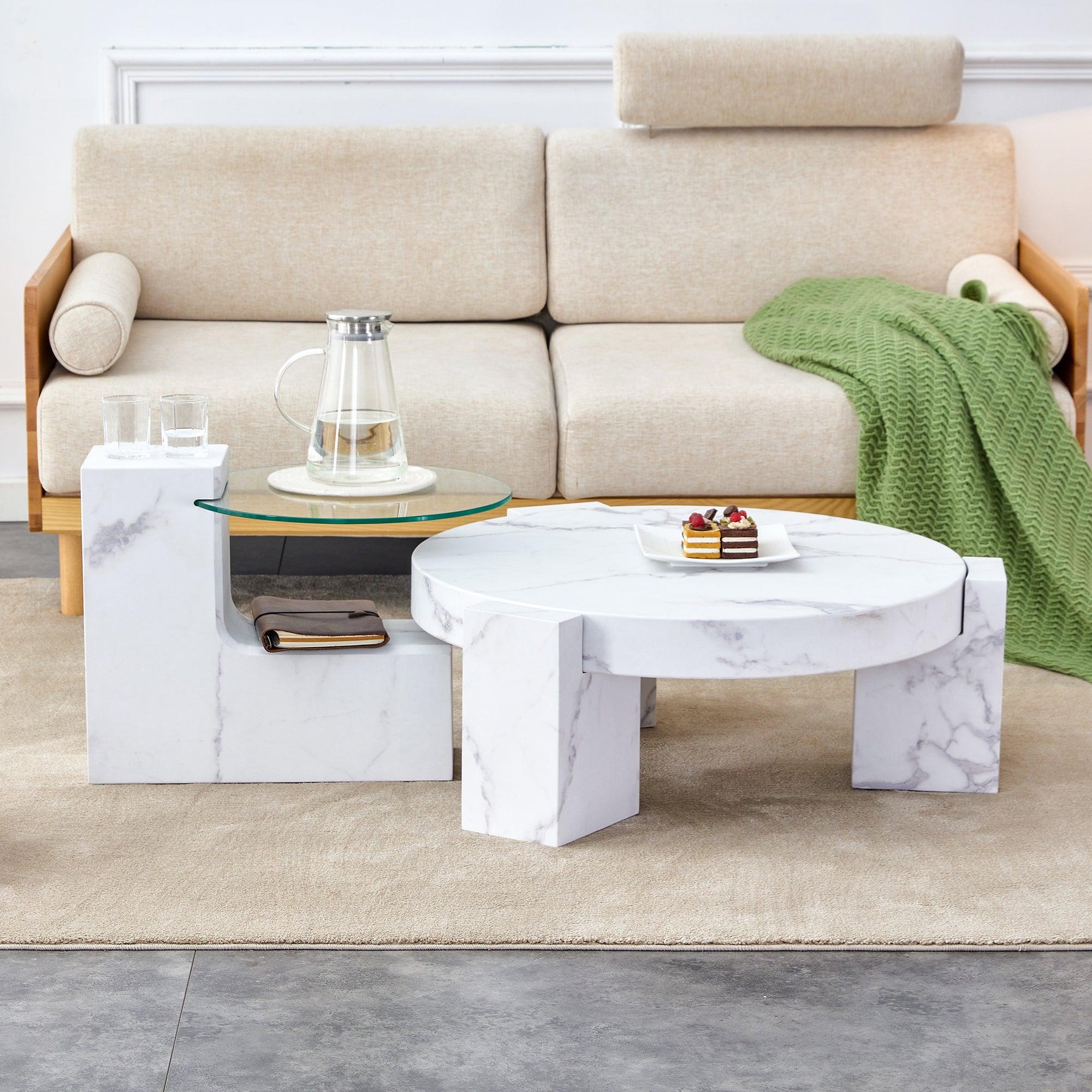 🆓🚛 a Modern, Fashionable, & Durable Marble Textured Mdf Coffee Table With a Side Table Match With Multiple Scenes Suitable for Living Room & Bedroom