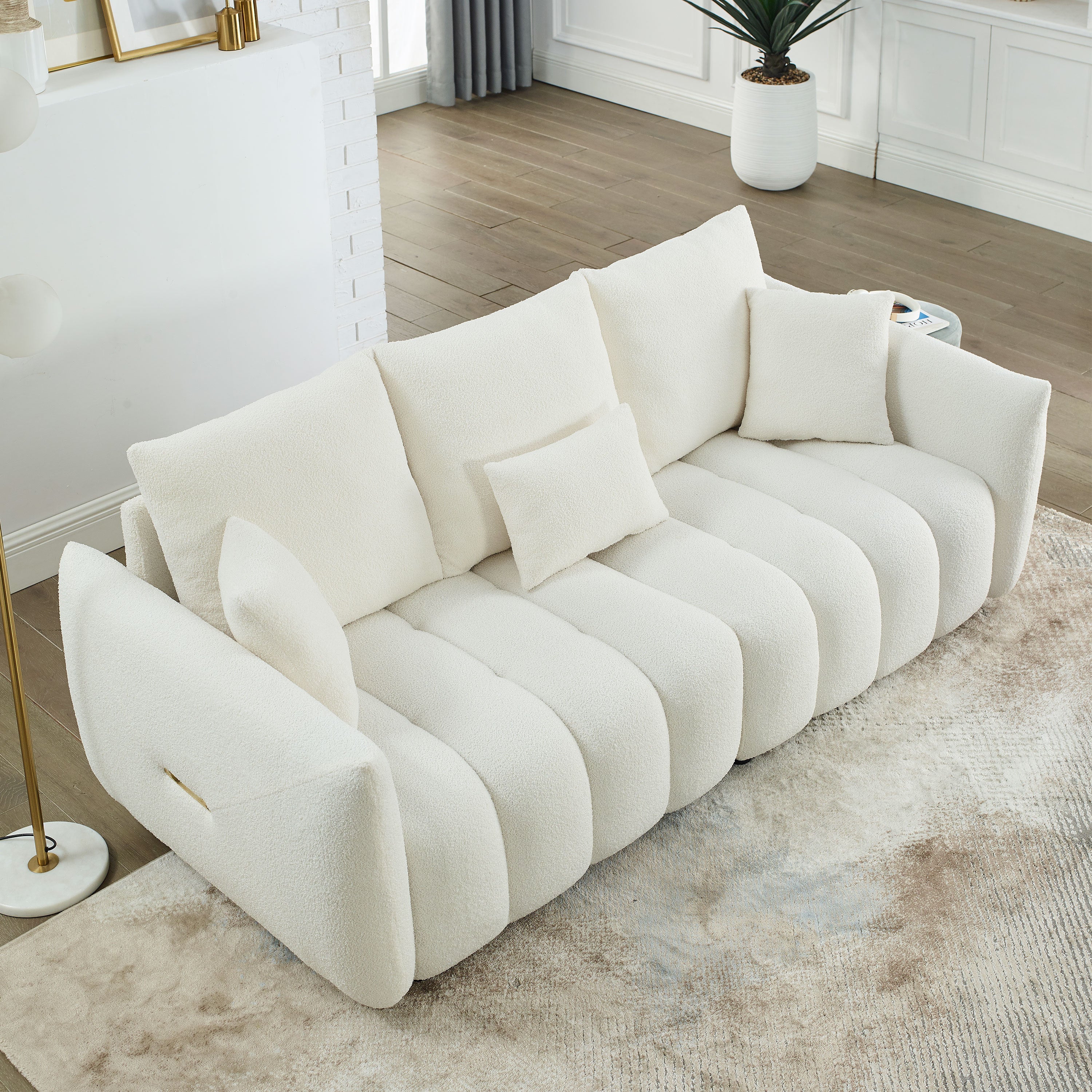 🆓🚛 82" Premium Teddy Velvet Sofa With 3 Back Pillows and 3 Back Cushions Solid Wood Frame 3-Seater Sofa, Beige