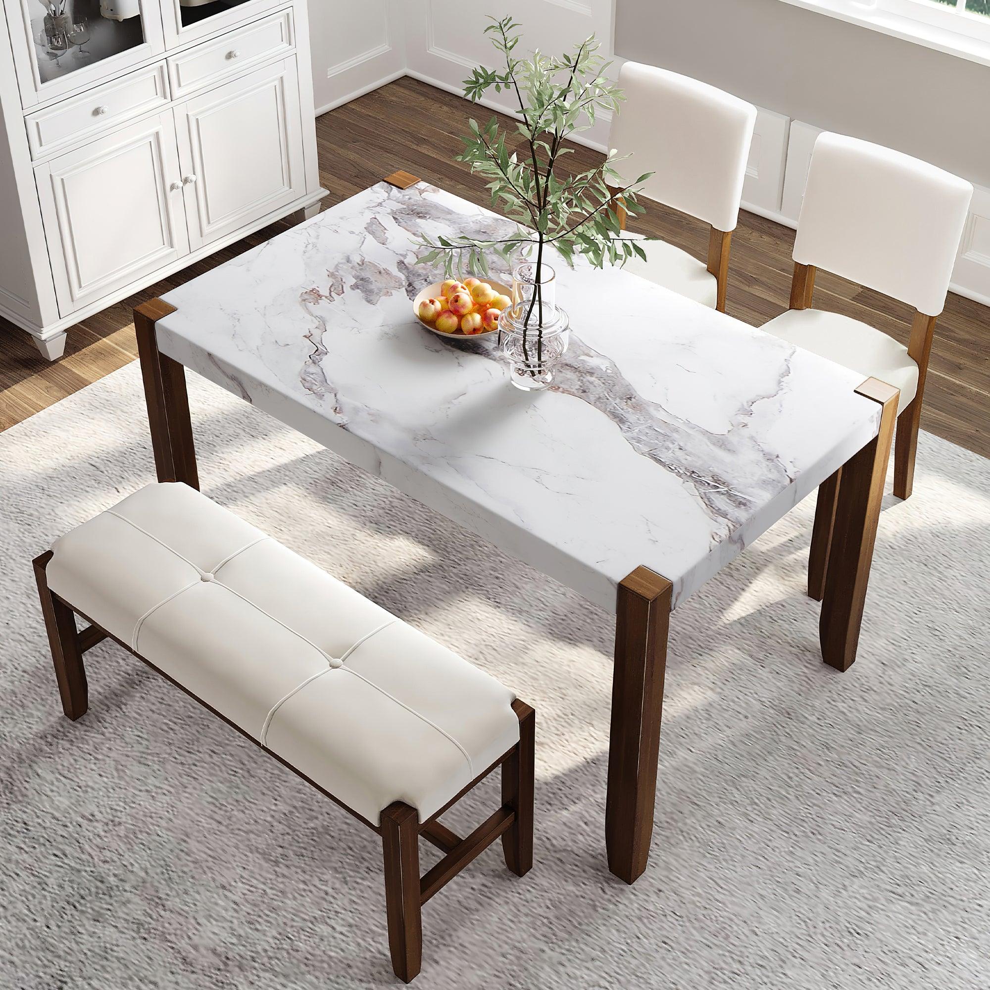 🆓🚛 4-Piece Modern Dining Furniture Set, 4-Person Space-Saving Dinette for Kitchen, 46" Faux Marble Style Table & 2 Upholstered Chairs & Bench With Wood Legs