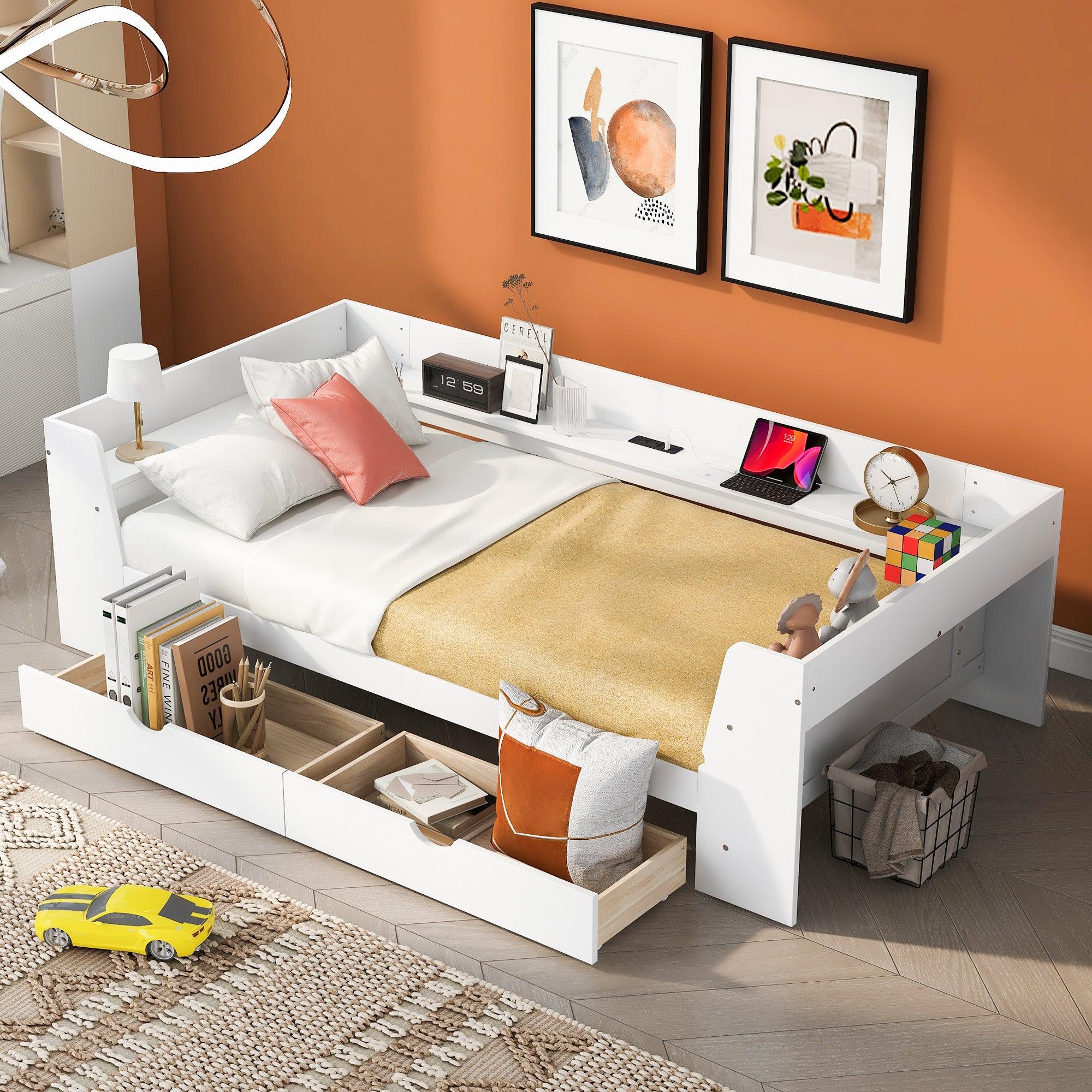 🆓🚛 Twin Size Daybed With Shelves, Drawers & Built-in Charging Station, White