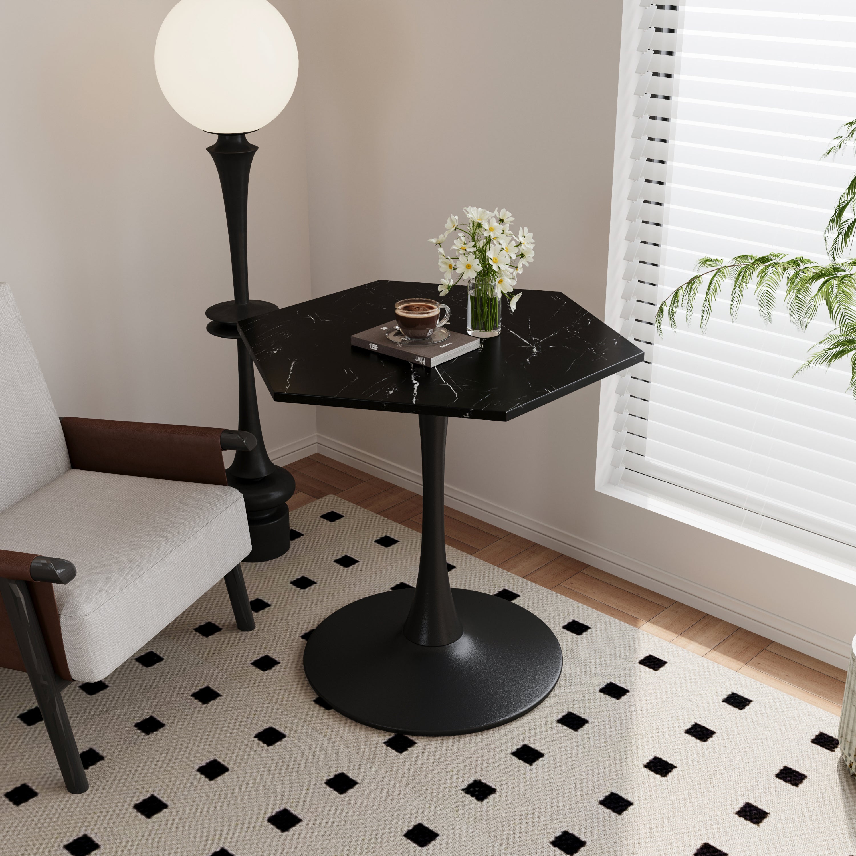 31.50" Modern Hexagonal Coffee Table With Printed Black Marble Table Top, Metal Base, for Dining Room, Kitchen, Living Room