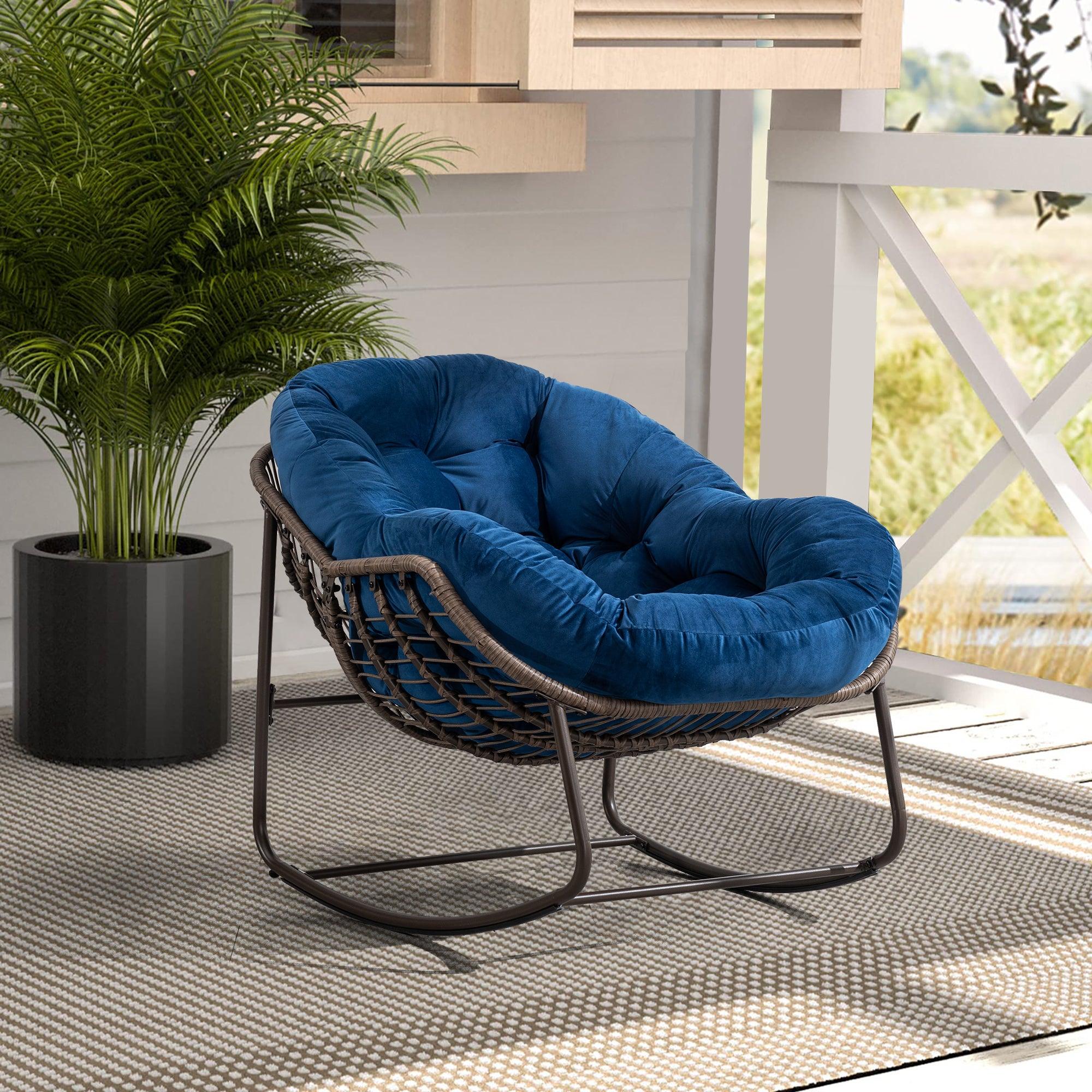 🆓🚛 Outdoor Rattan Rocking Chair, Padded Cushion Rocker Recliner Chair Outdoor for Front Porch, Living Room, Patio, Garden, Navy Blue