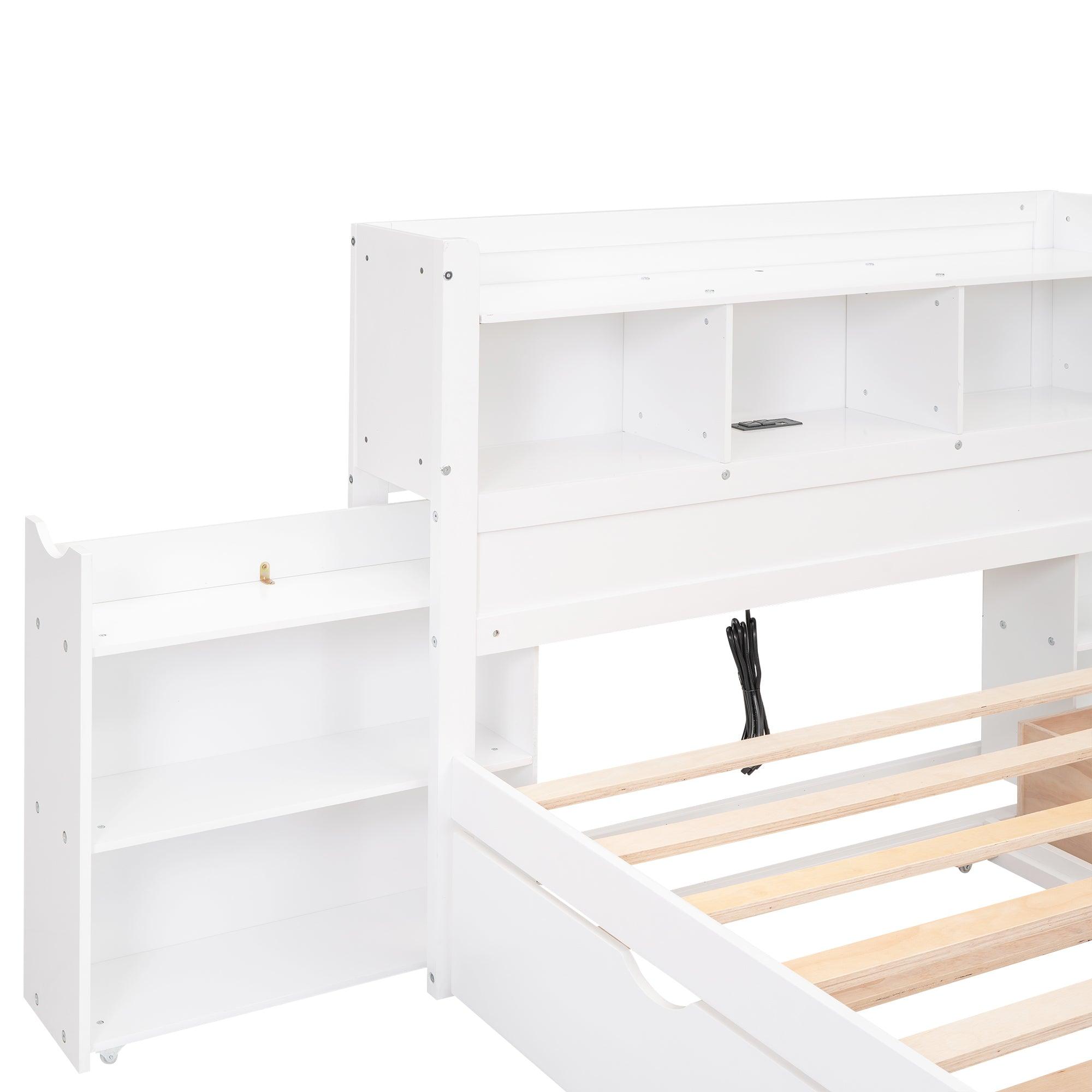 Full Size Storage Platform Bed with Pull Out Shelves, Twin Size Trundle and 2 Drawers, White